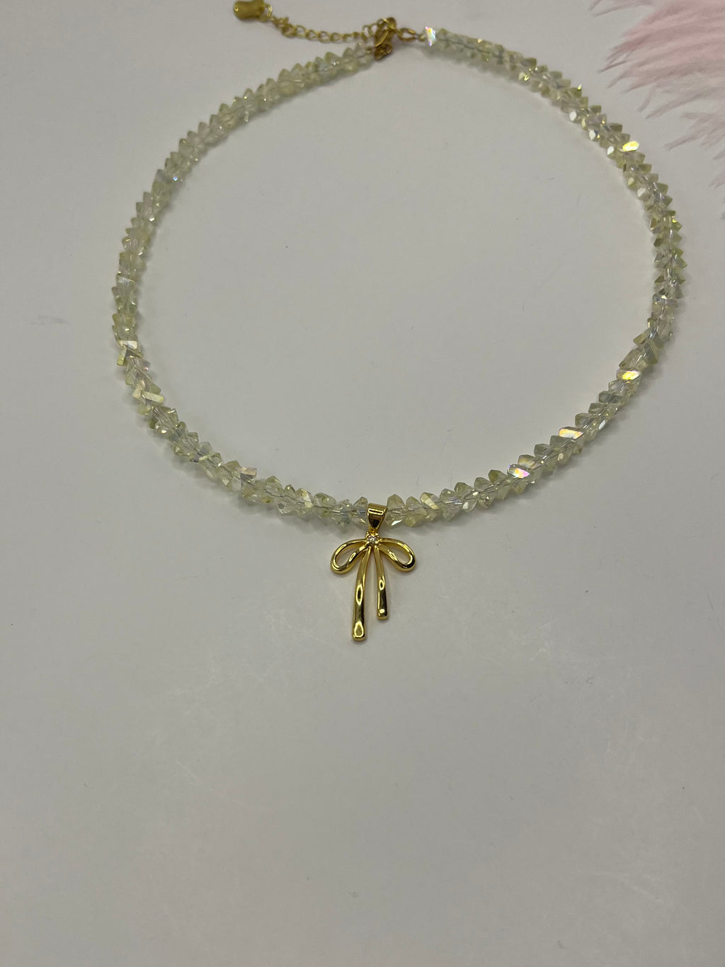 Crystal Glass Bead Choker: 18K Gold Bowknot Pendant