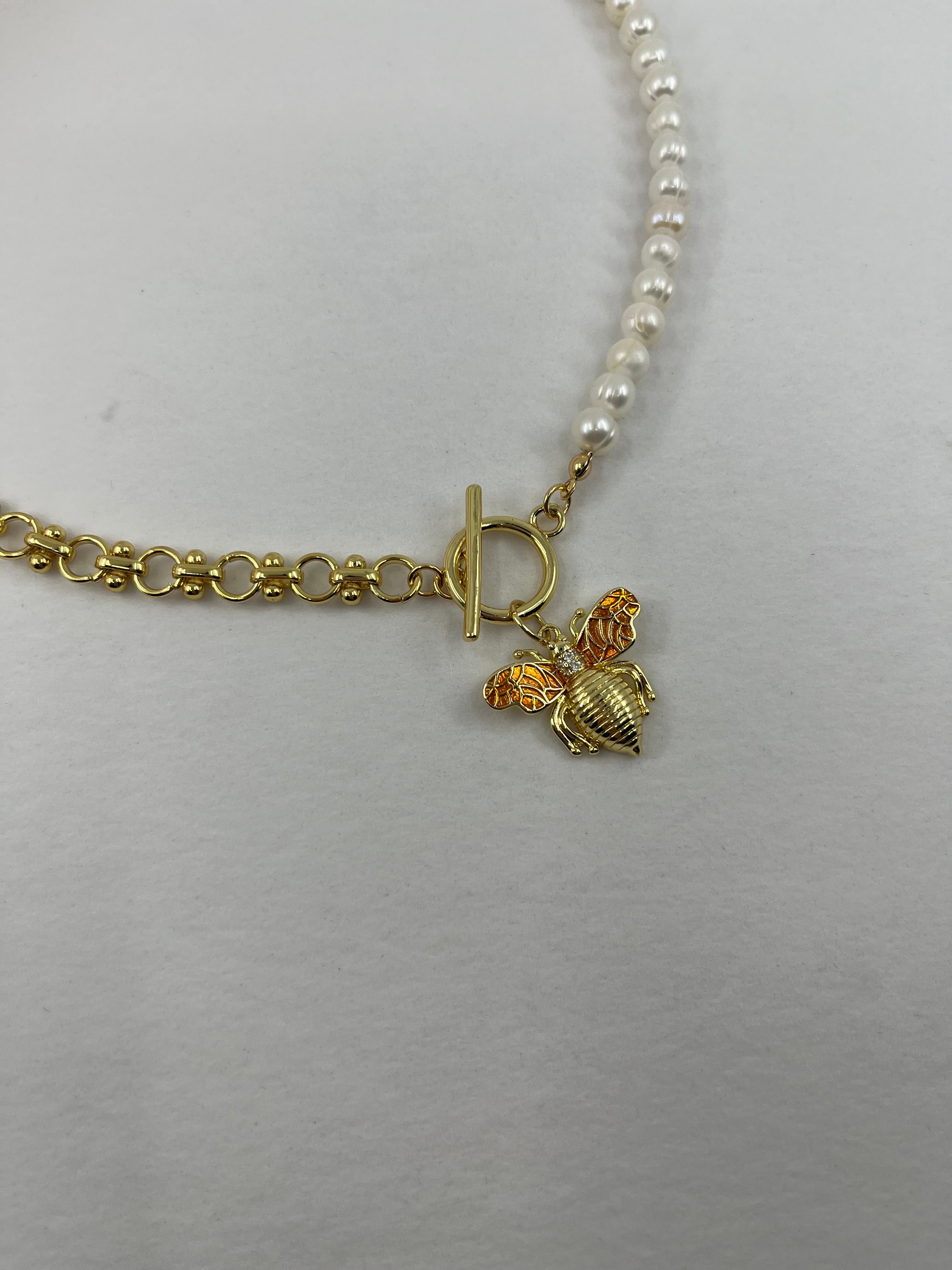 Asymmetrical Pearl Necklace with Bee Pendant, 18K Gold Plated Chain