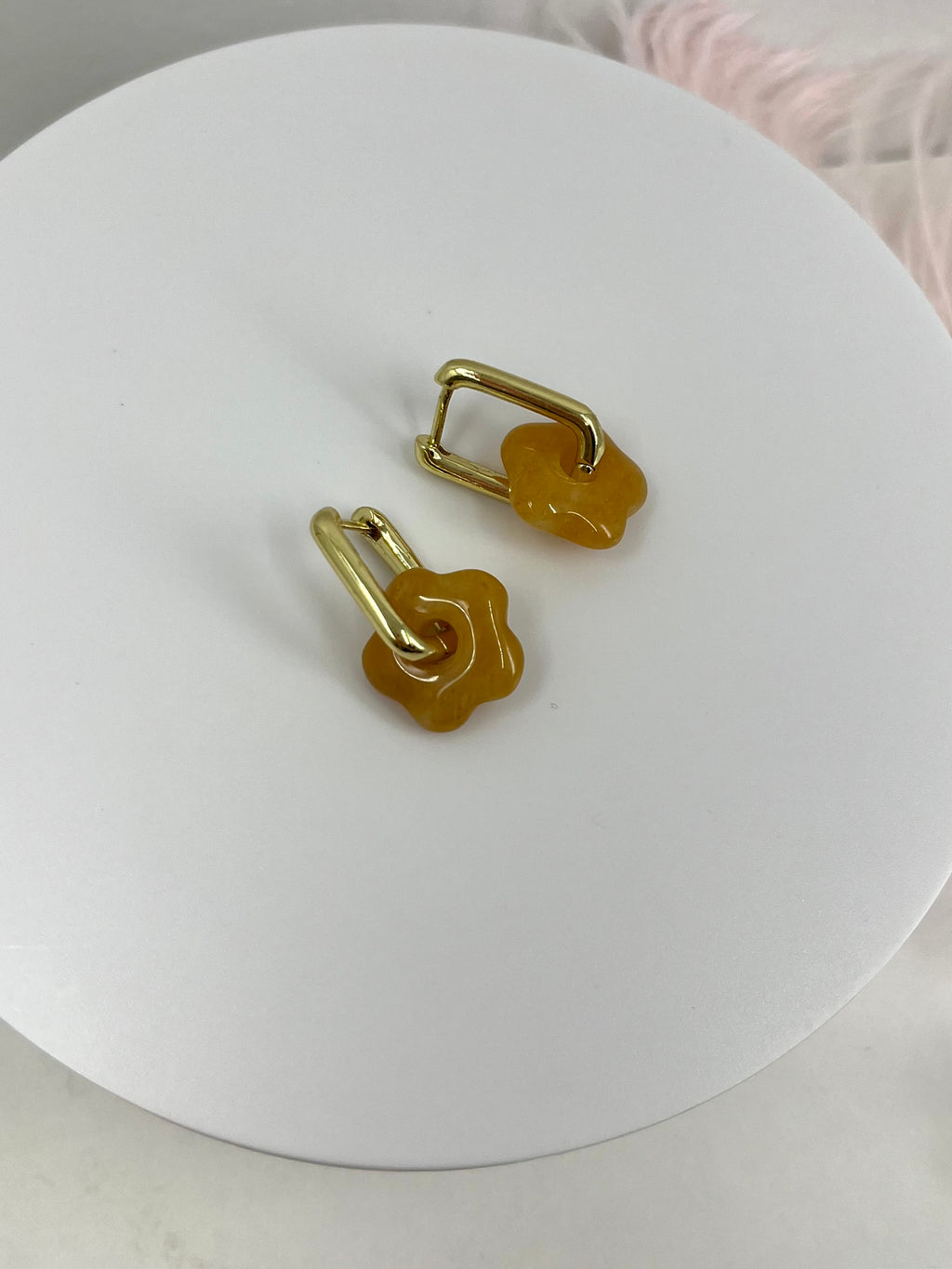 Yellow Jade flower Earrings, 18K Gold Plated
