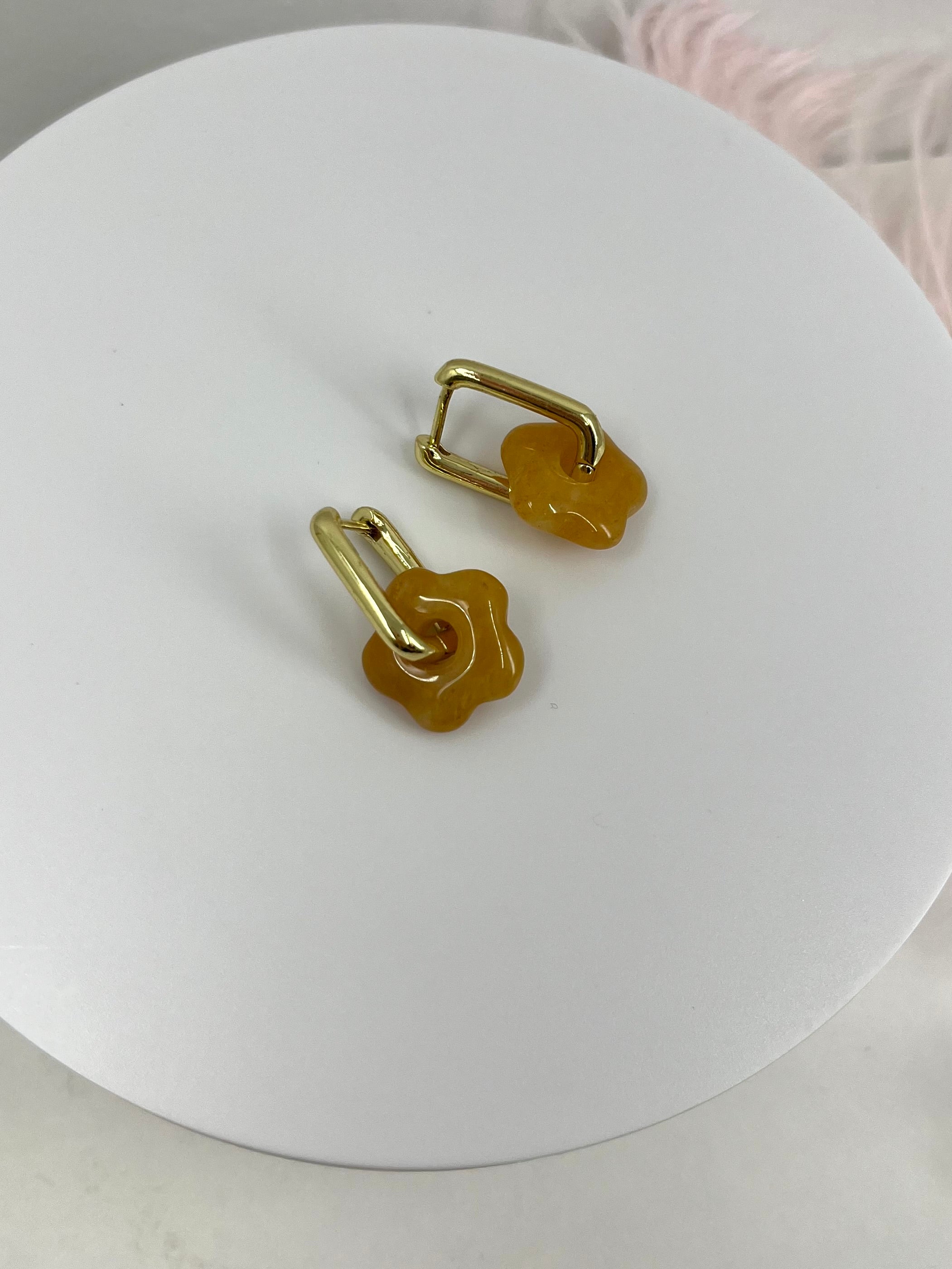 Yellow Jade flower Earrings, 18K Gold Plated
