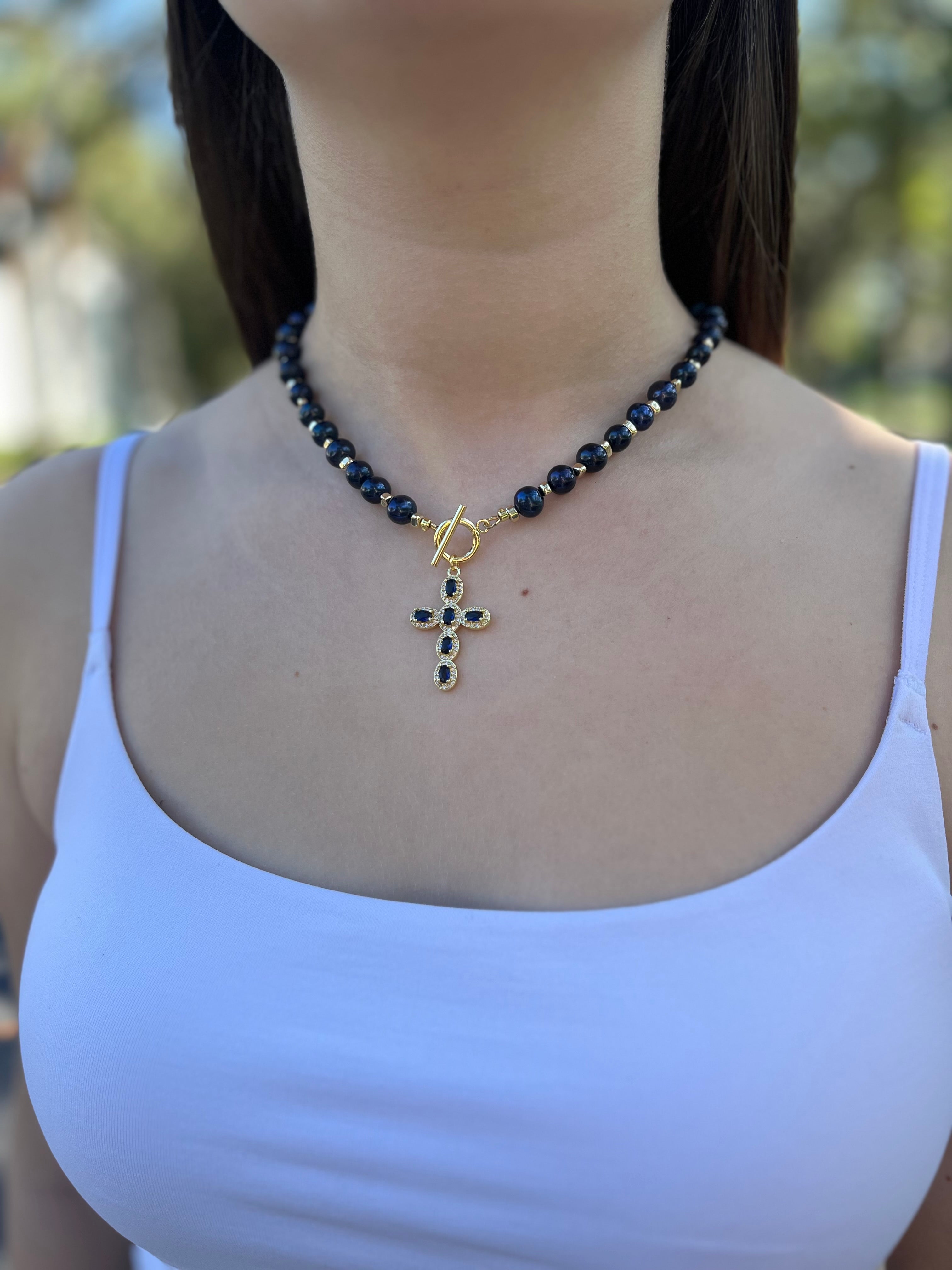 Blue Pearl Choker Necklace with Cross pendant: 18K Gold Plated