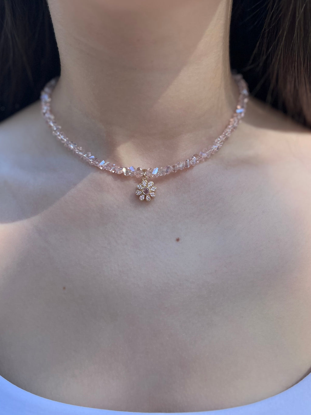 Flower Spinner Crystal Necklace, 18k gold plated