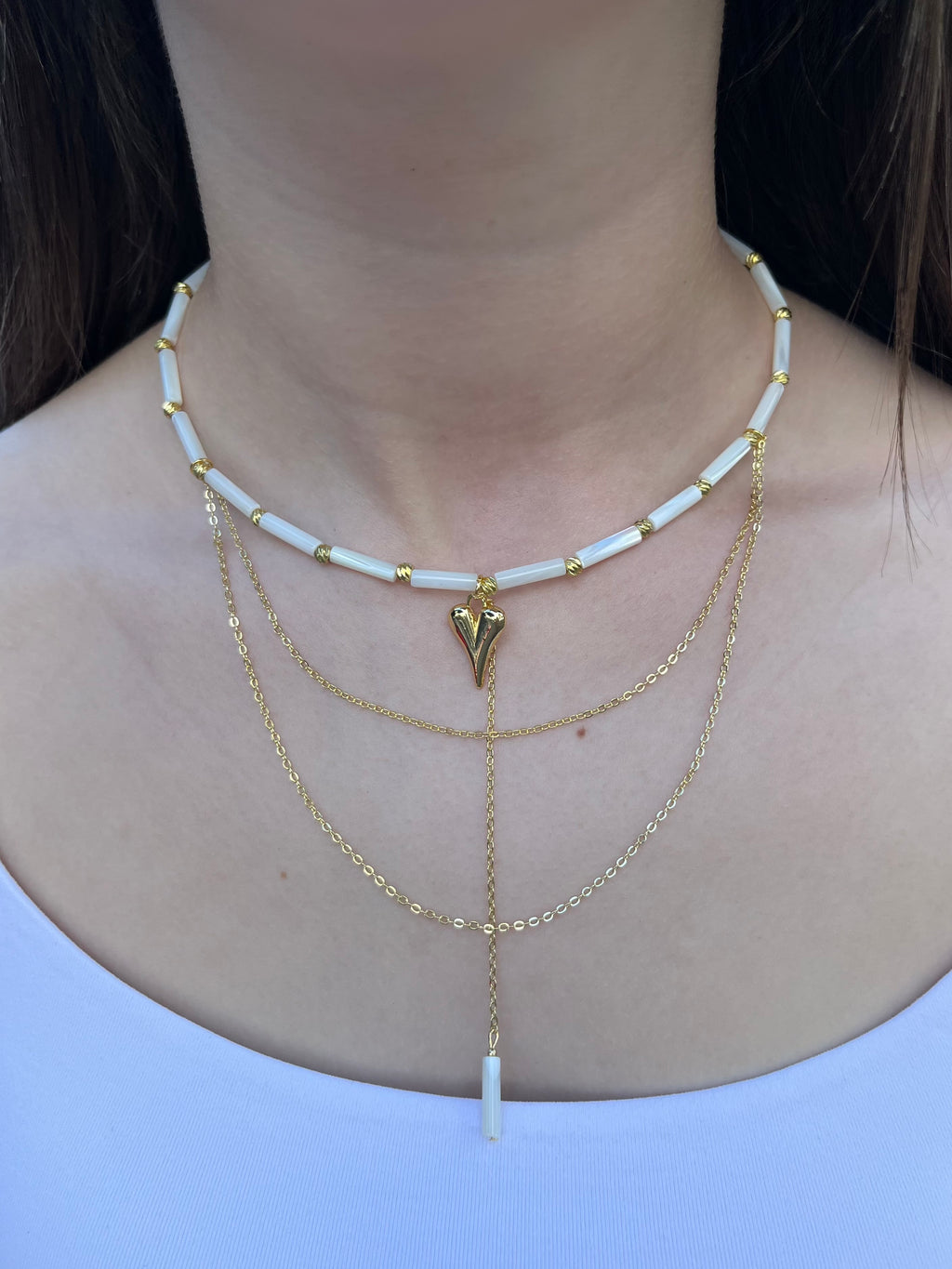 Layered Natural Trochus Shell Heart Necklace, 18K Gold-Plated
