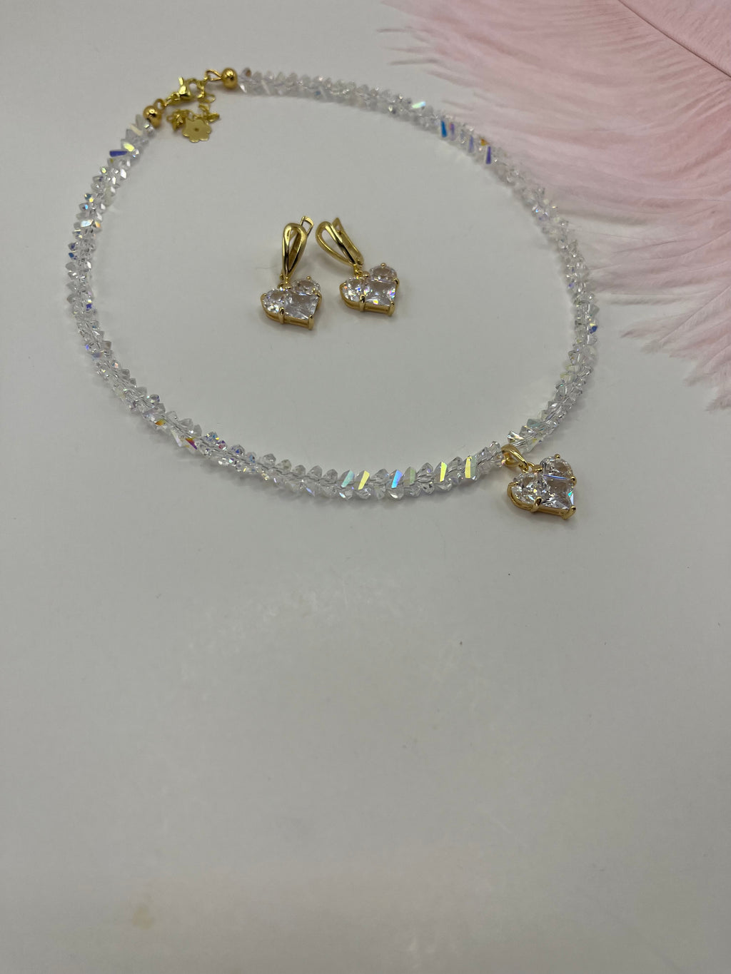 Set: Heart Crystal Choker Necklace and Earrings – 18K Gold Plated, Cubic Zirconia, Nickel Free