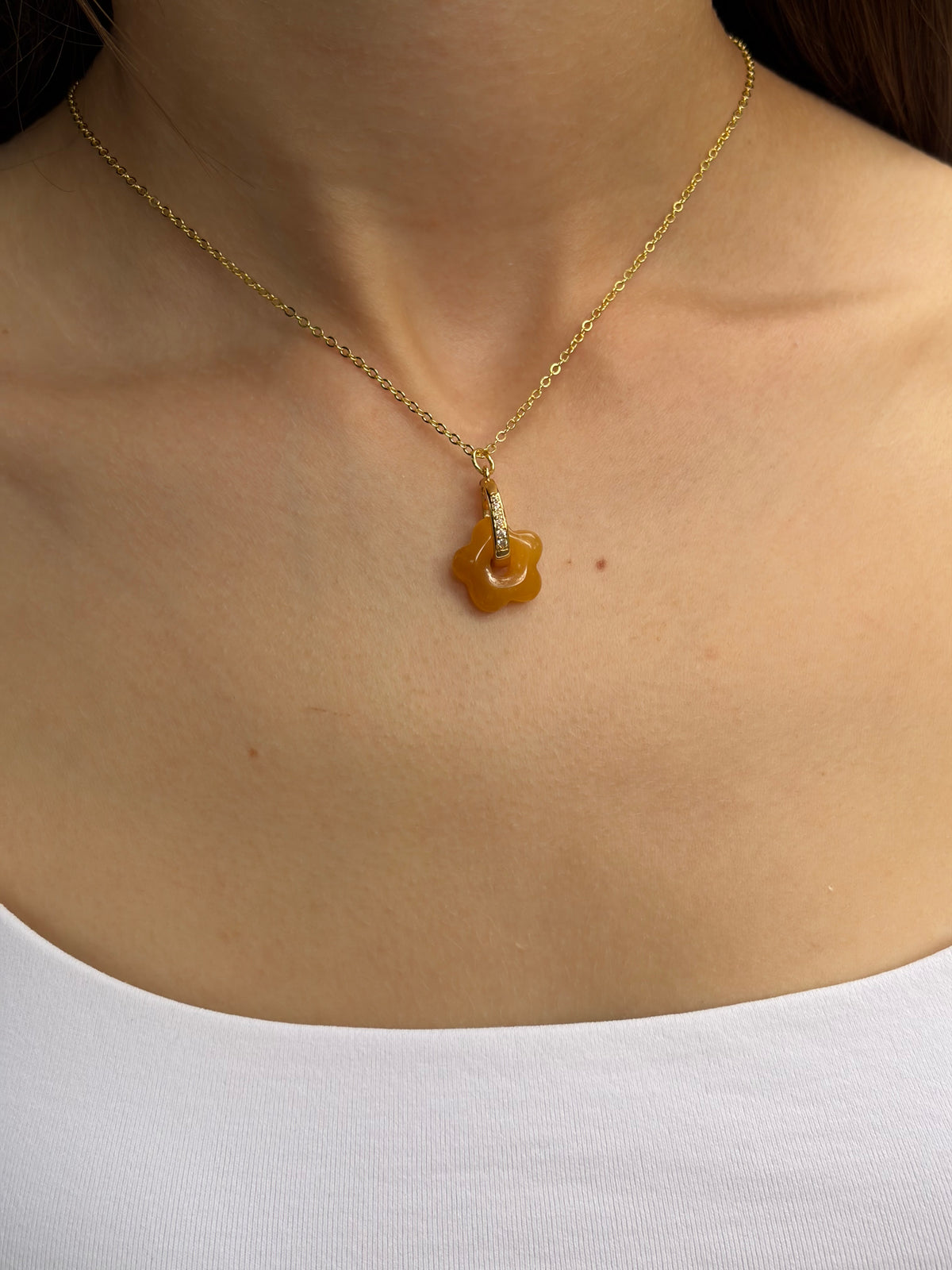 Yellow Jade flower Earrings and Necklace, 18K Gold Plated