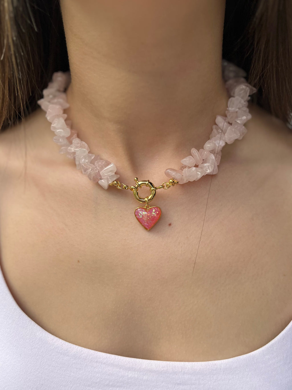 Natural Quartz Necklace with 18k gold Heart pendant