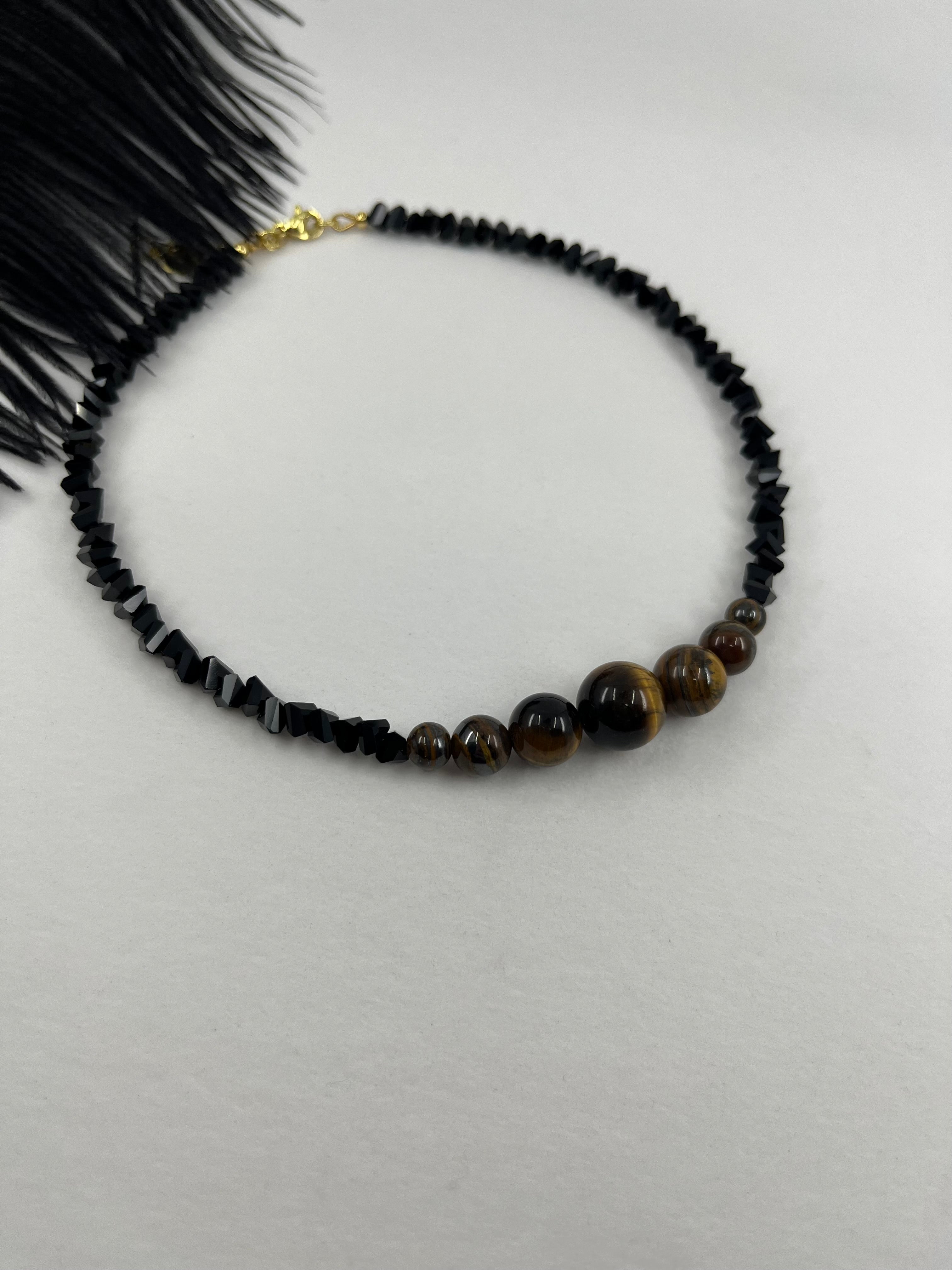 Set: Black Crystal Choker Necklace with Tiger Eye and earrings
