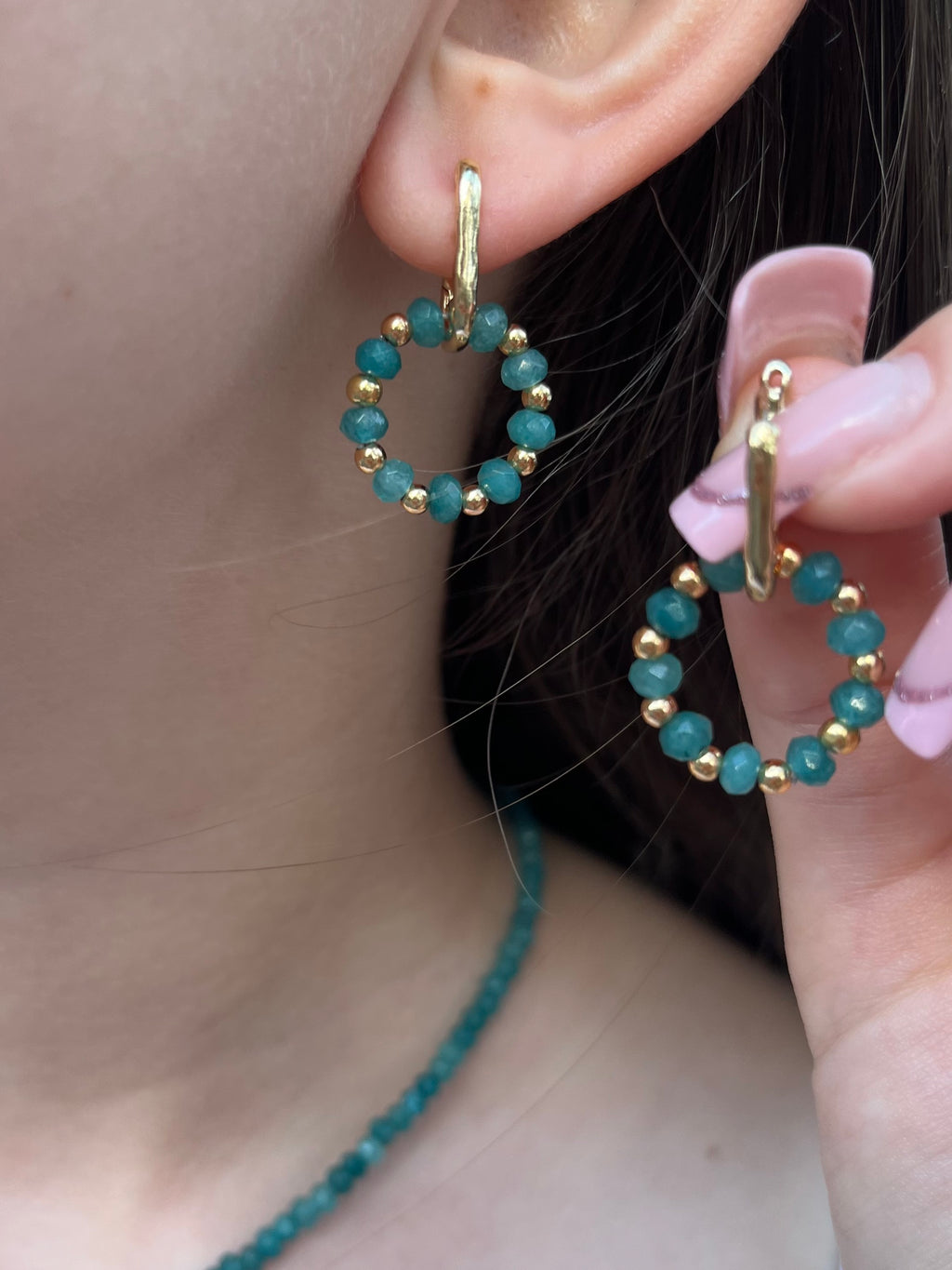 Set: Natural Malaysia Jade Y-Necklace & Earrings, Dark Cyan