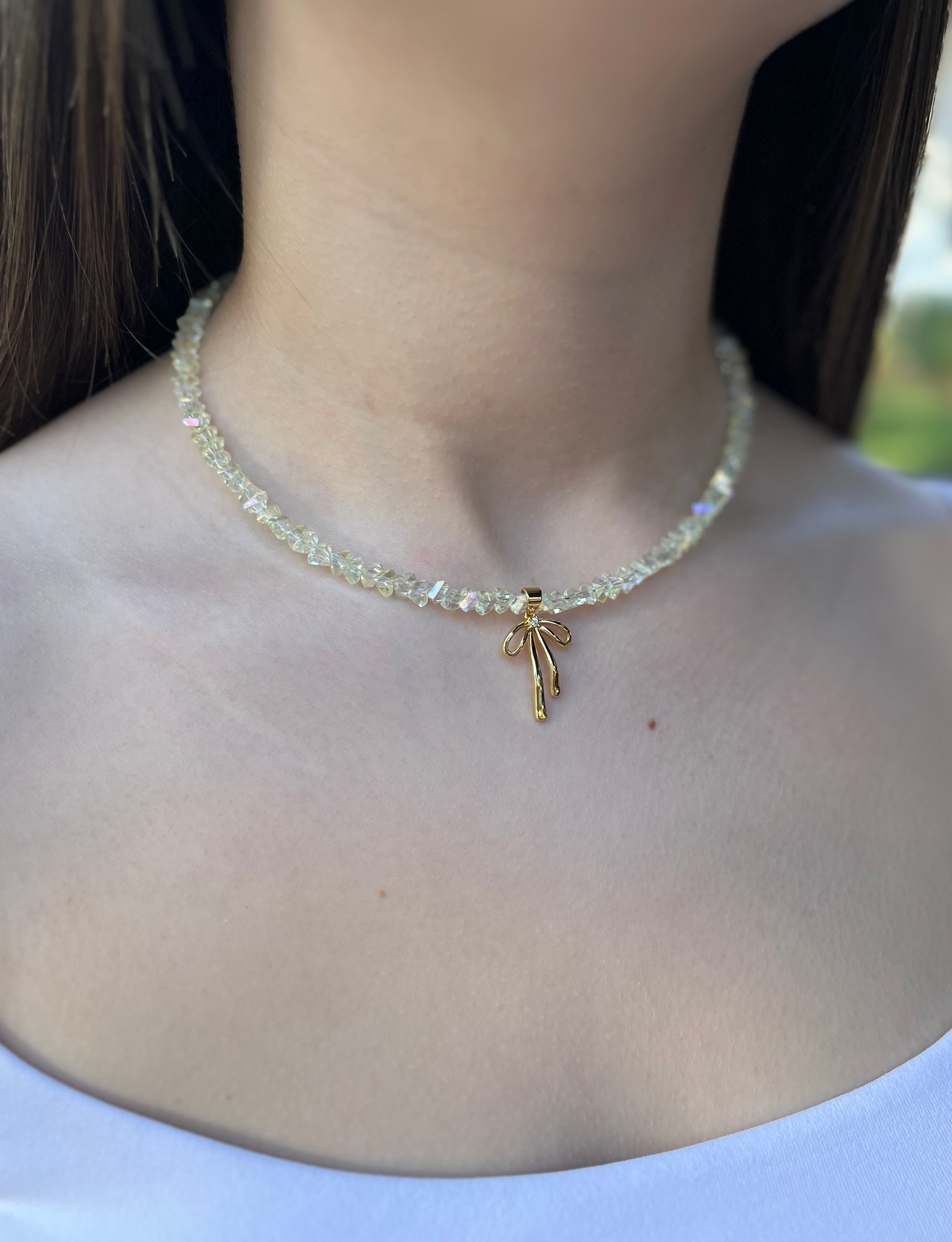 Crystal Glass Bead Choker: 18K Gold Bowknot Pendant