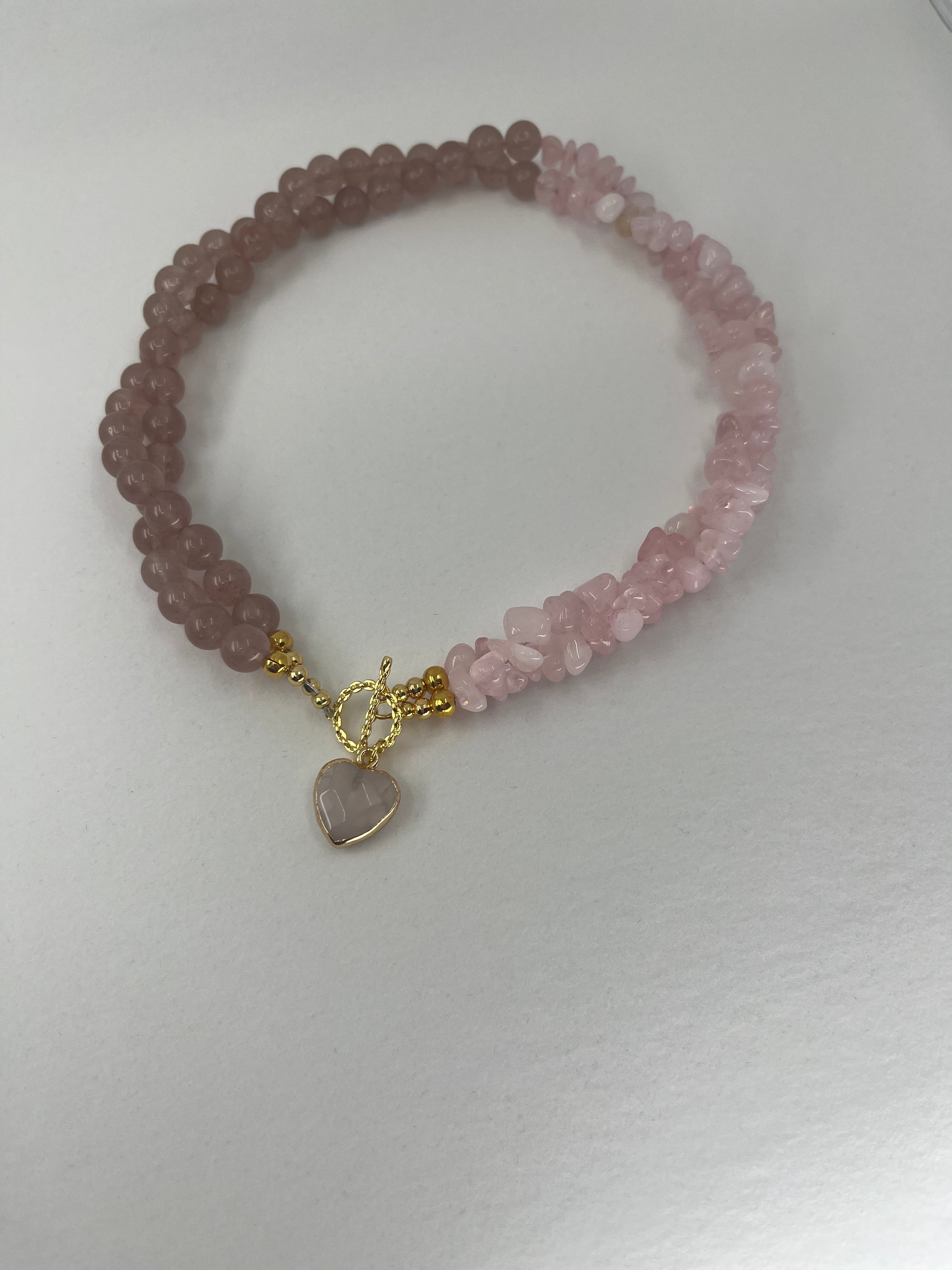Asymmetrical Layered Strawberry Quartz Necklace with heart pendant: 18K Gold Plated Pendant