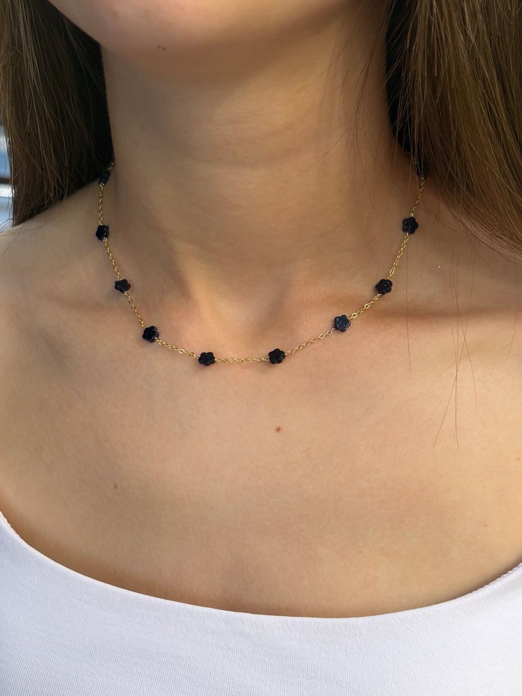 Black Blue Goldstone Flower Necklace: 18K Gold Plated