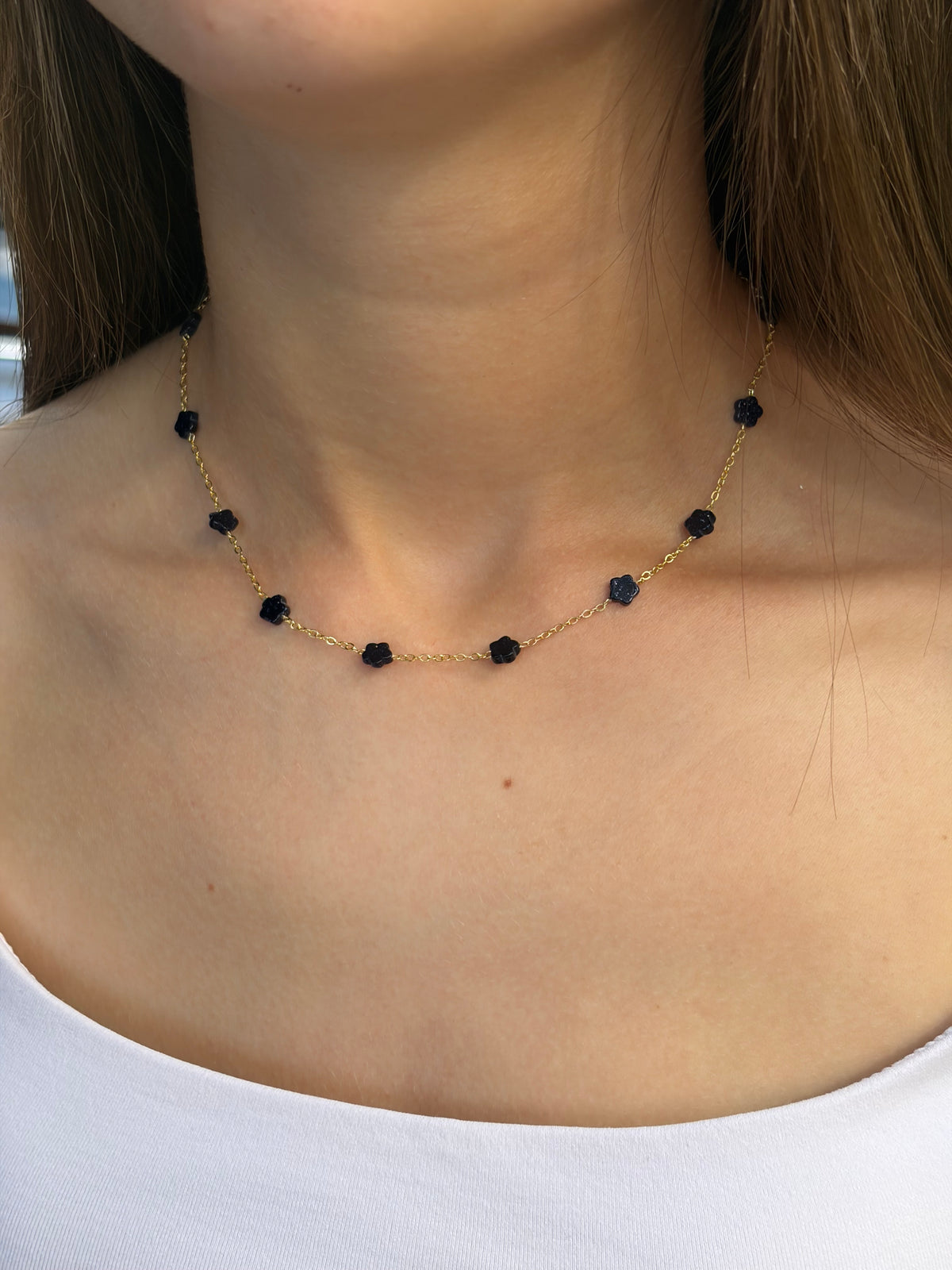 Black Blue Goldstone Flower Necklace: 18K Gold Plated