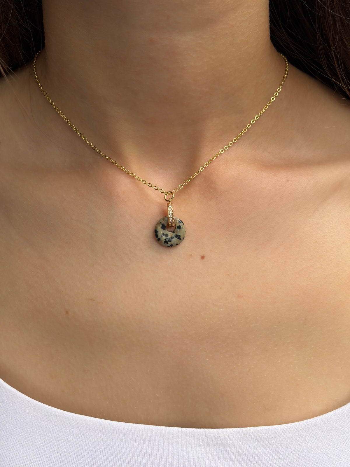Dalmatian jasper donut Earrings and Necklace, 18K Gold Plated