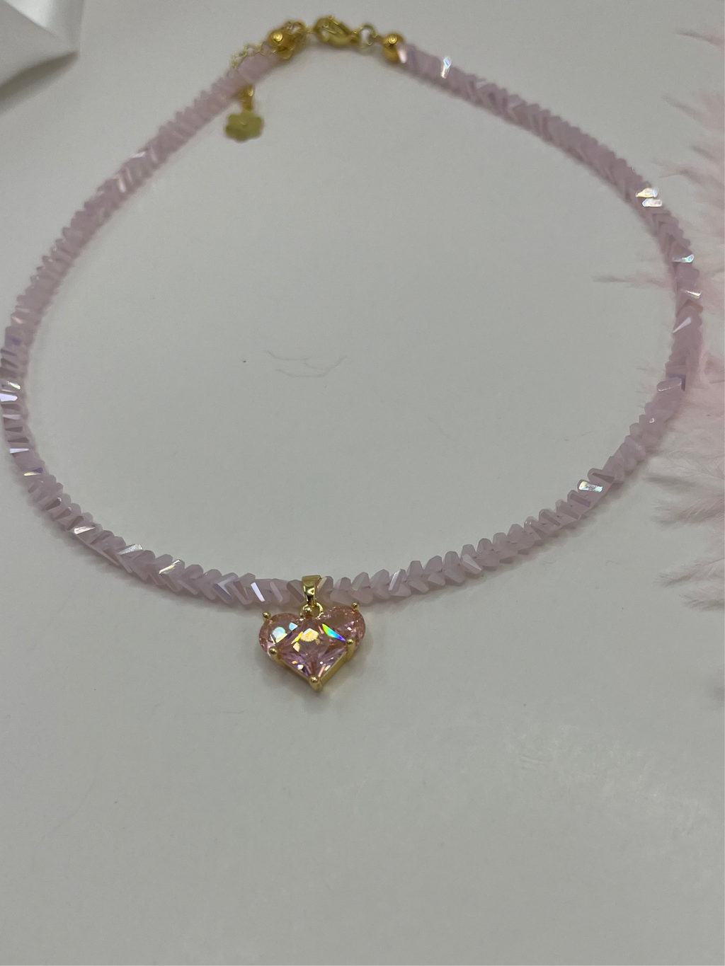 Crystal Pink Glass Bead Choker: 18K Gold Heart Pendant