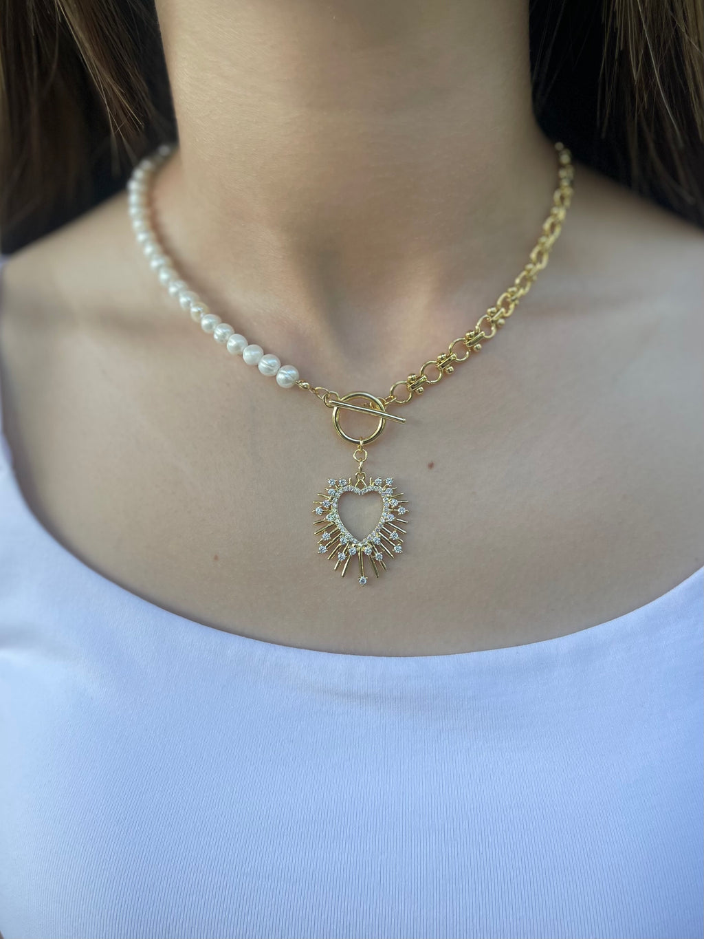 Asymmetrical Pearl Necklace with Heart Pendant, 18K Gold Plated Chain