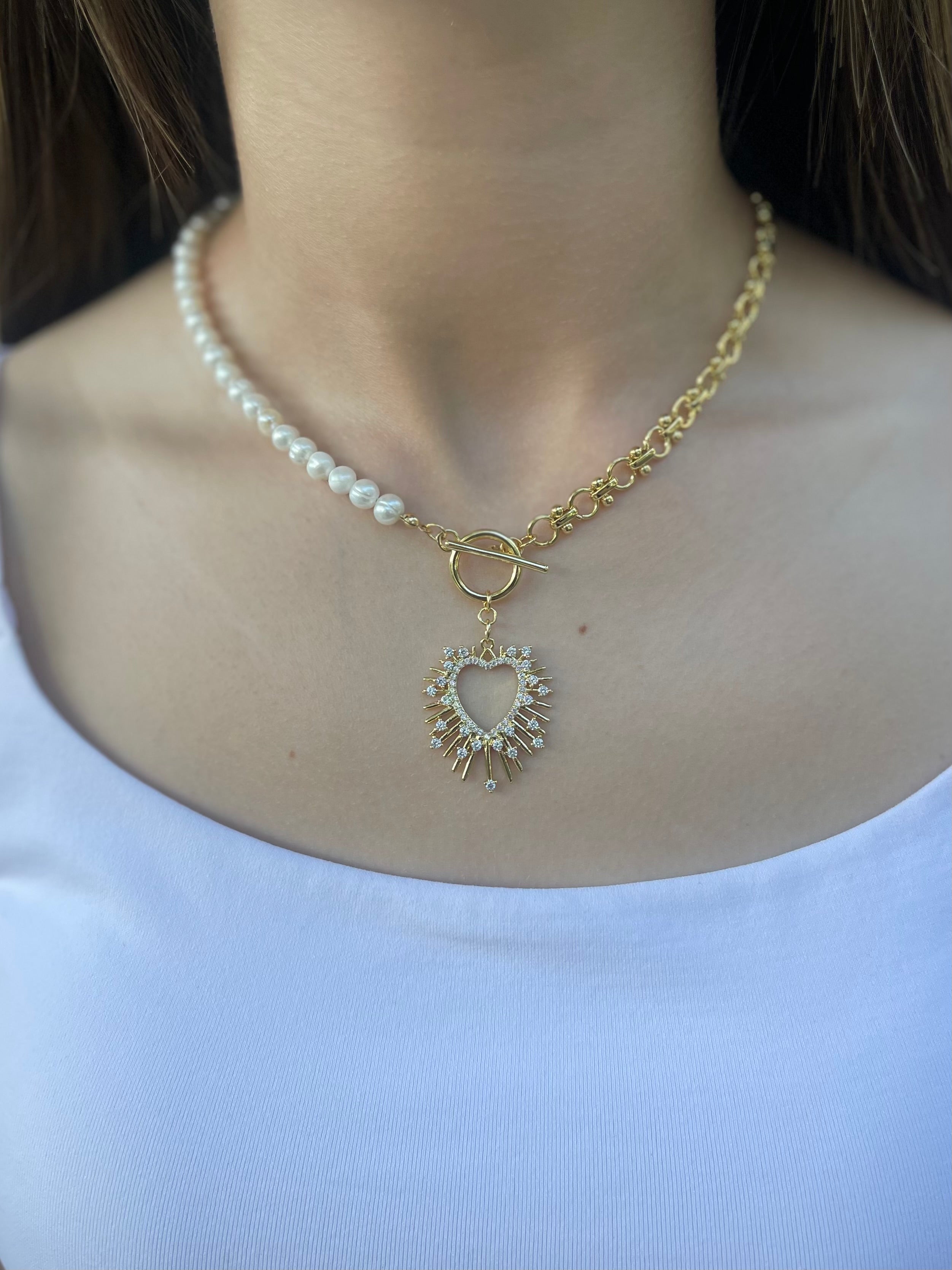Asymmetrical Pearl Necklace with Heart Pendant, 18K Gold Plated Chain