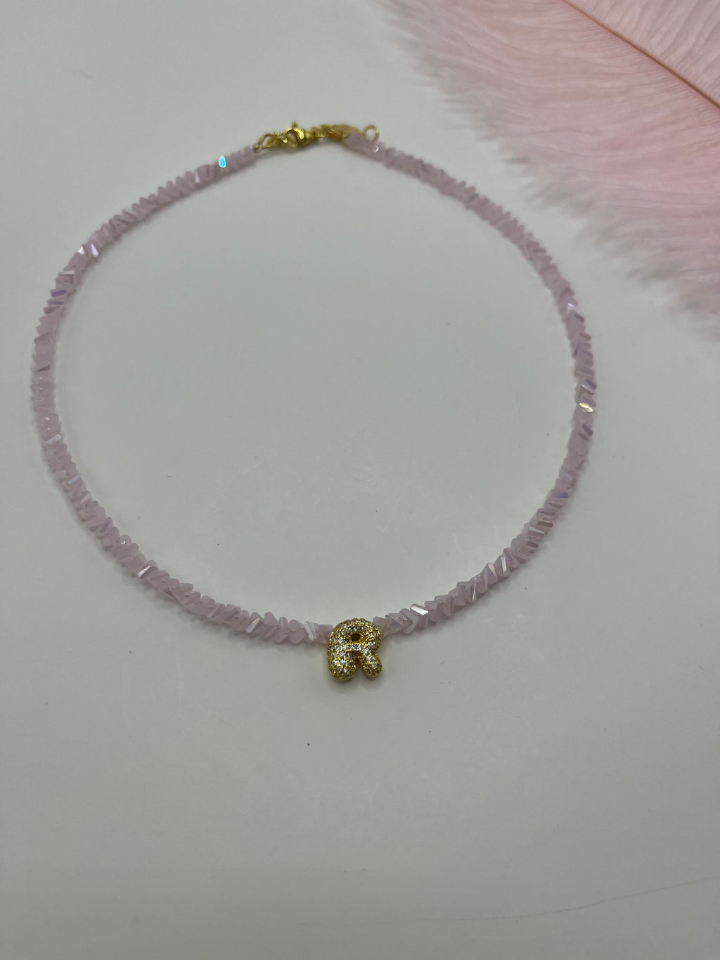 Initial Charm Pink Crystal Necklace – 18K Gold Plated, Cubic Zirconia