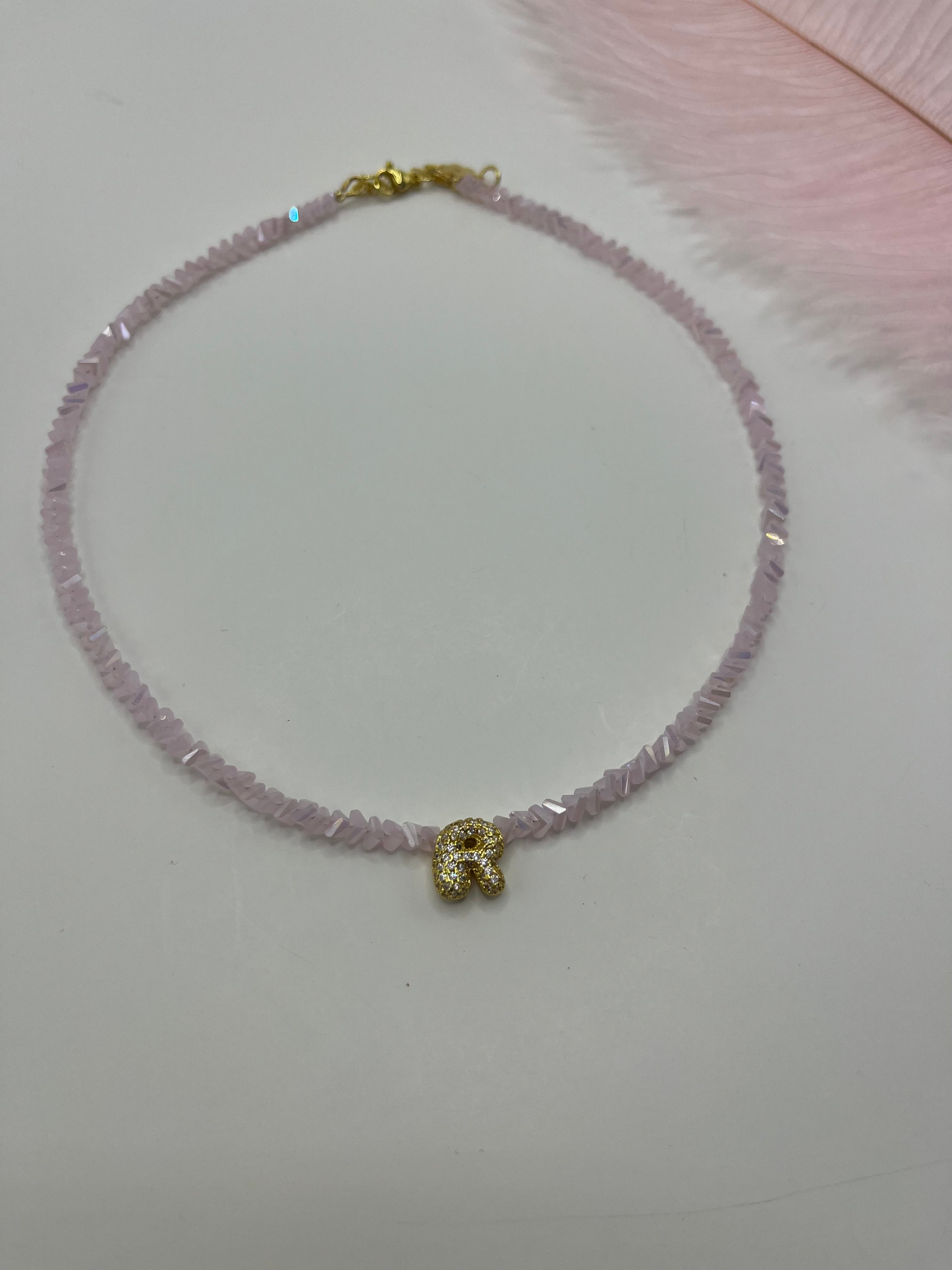 Initial Charm Pink Crystal Necklace – 18K Gold Plated, Cubic Zirconia