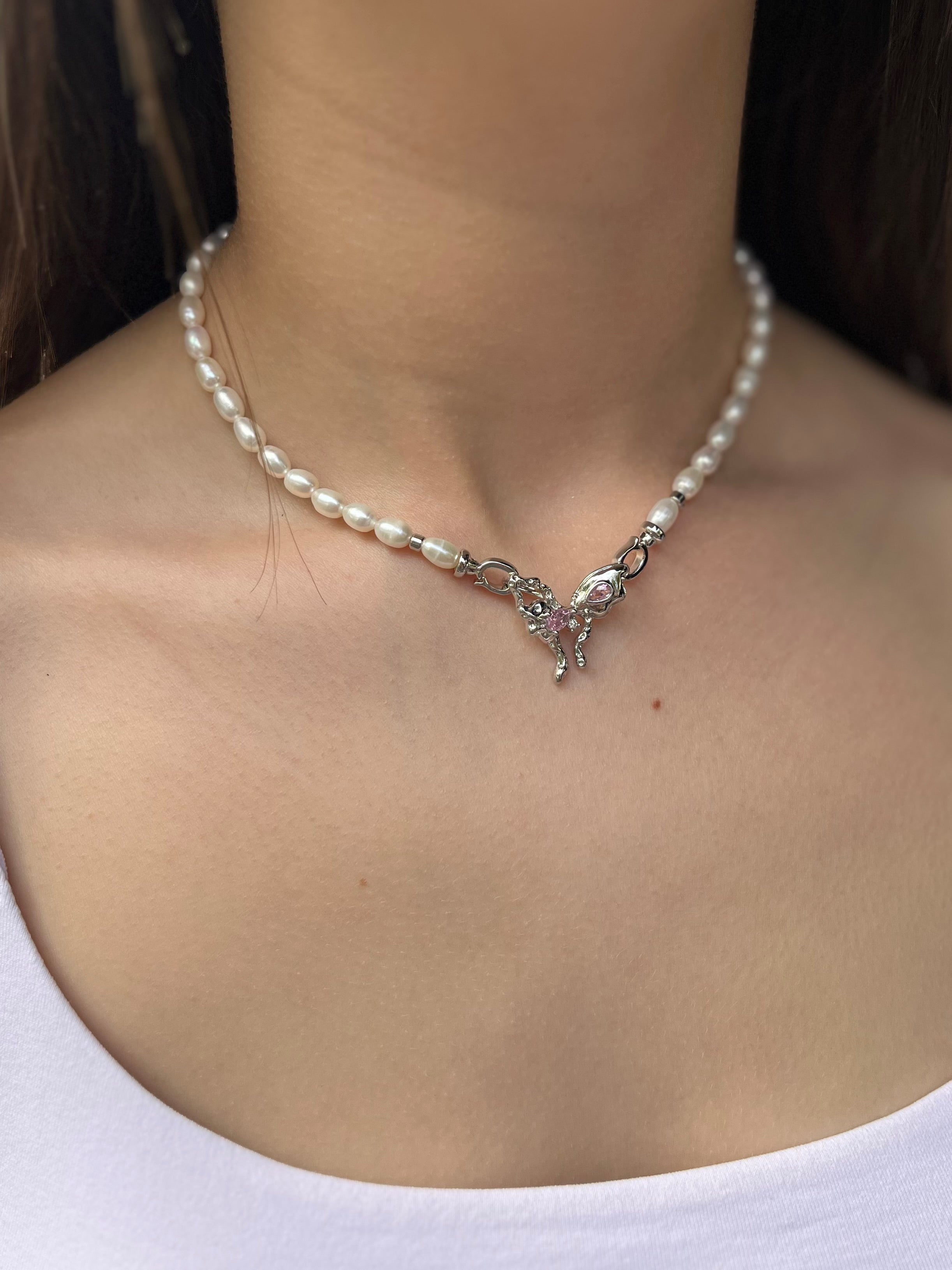 Natural Pearl Necklace with butterfly Clasp