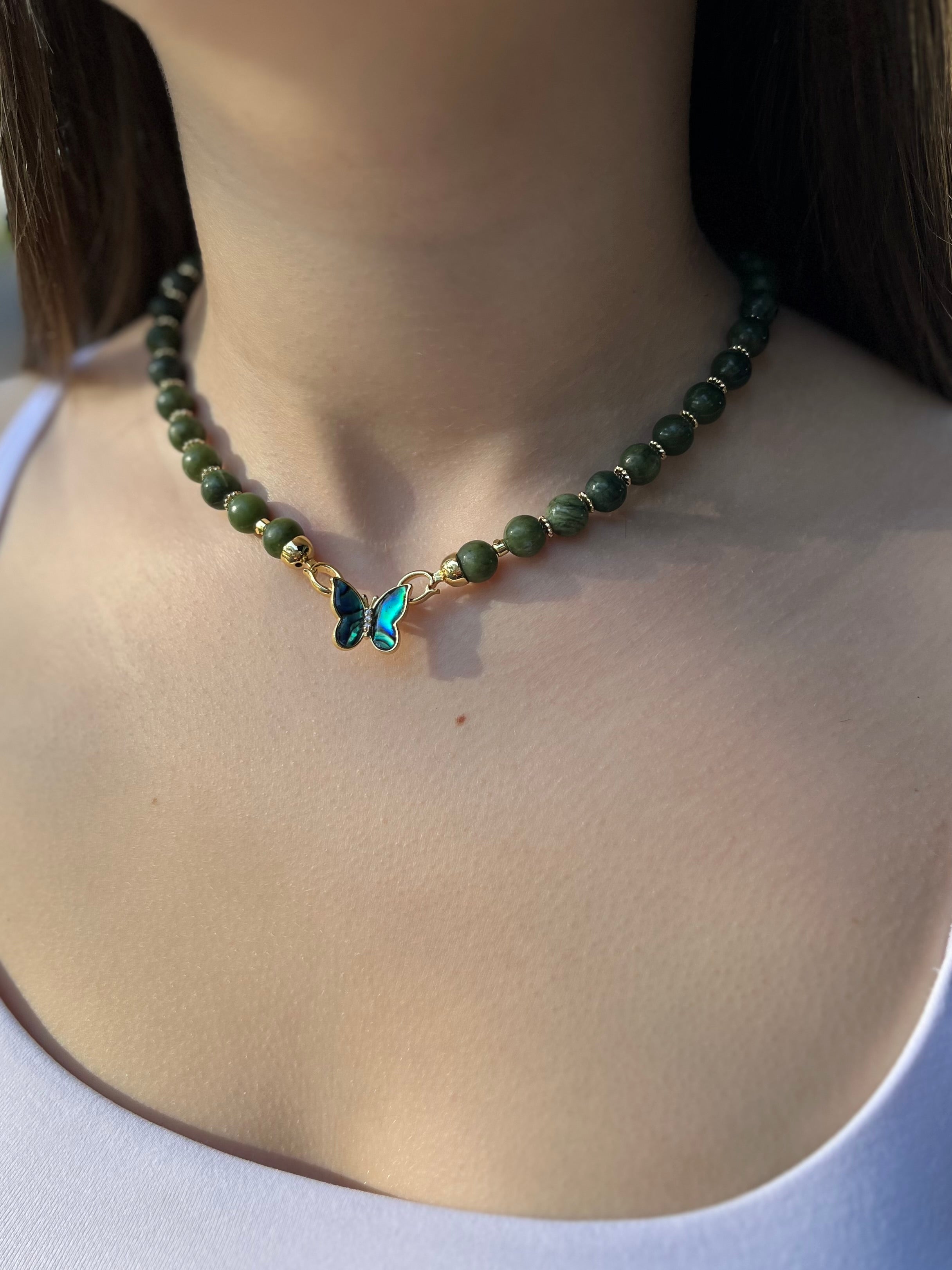 Natural Taiwan Jade Necklace with 18K Gold Butterfly Clasp