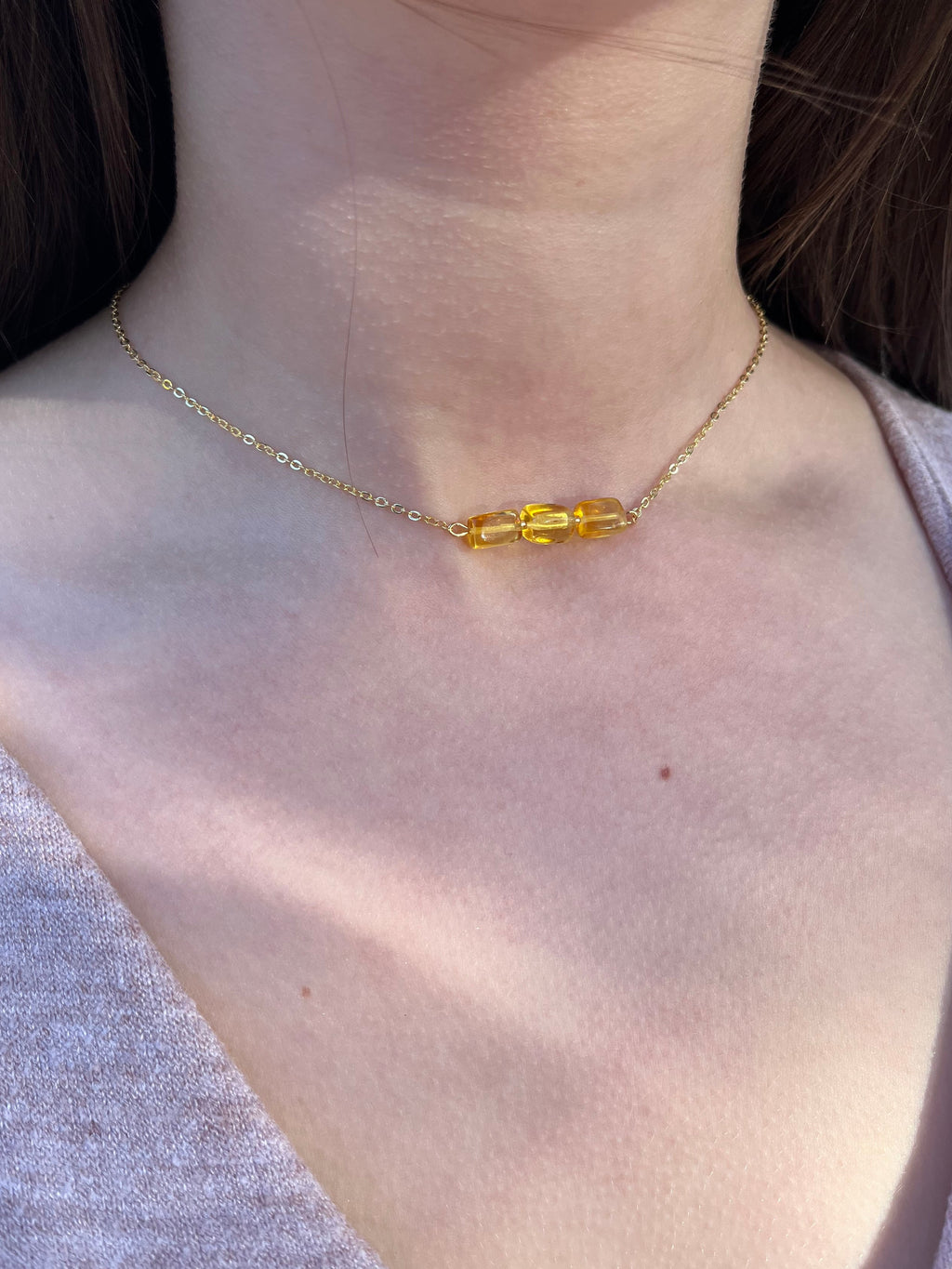 Natural Amber Necklace, chain 18k plated