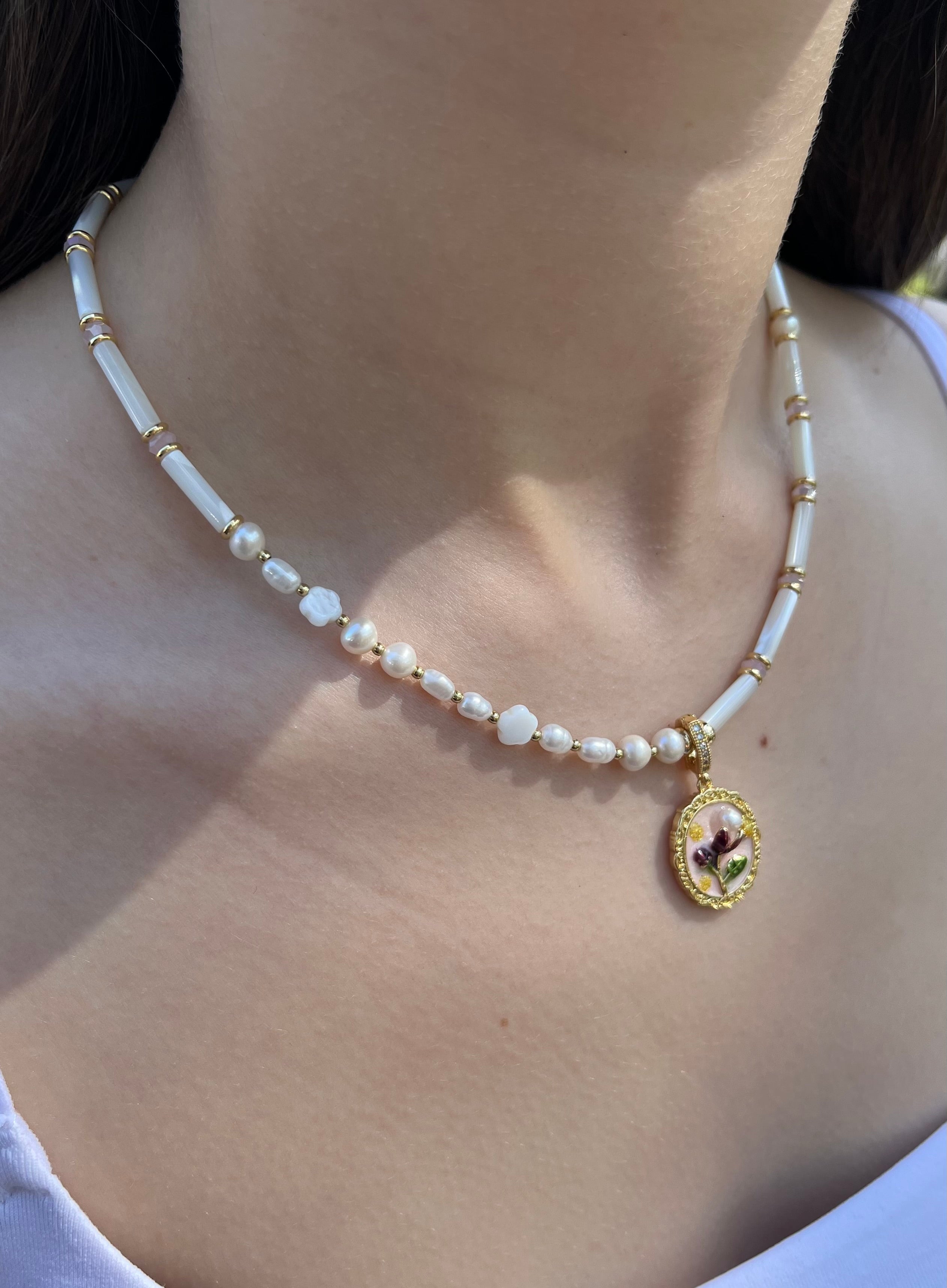 Natural Pearl and Trochus Shell Pendant Necklace, 18K Gold-Plated