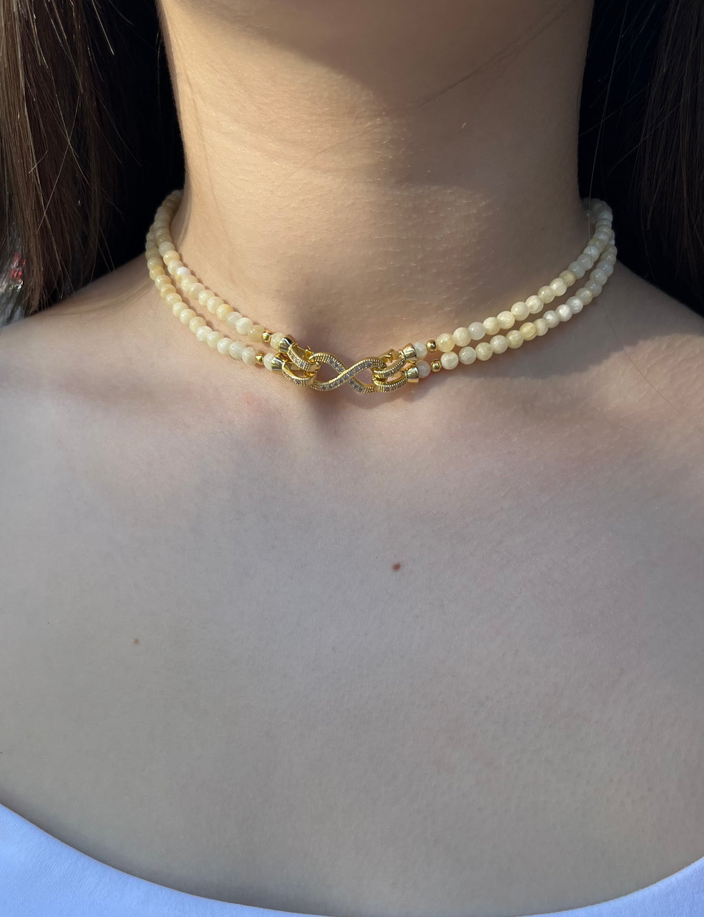Topaz Jade Choker Necklace : 18K Gold Plated Zirconia Infinity Clasp