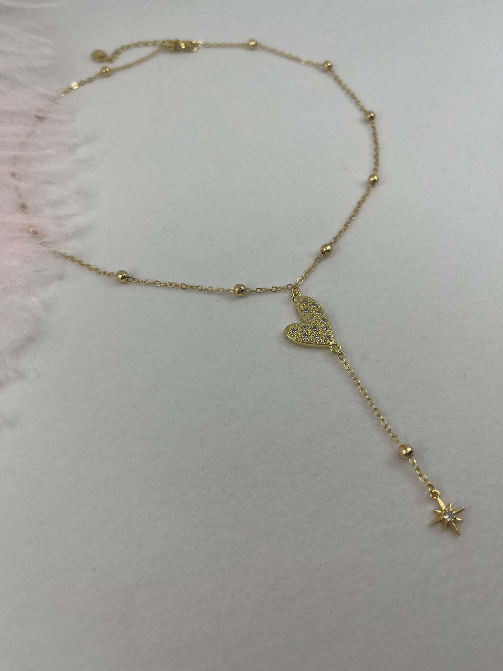 Lariat Y-Necklace, zirconia heart pendant 18k gold plated