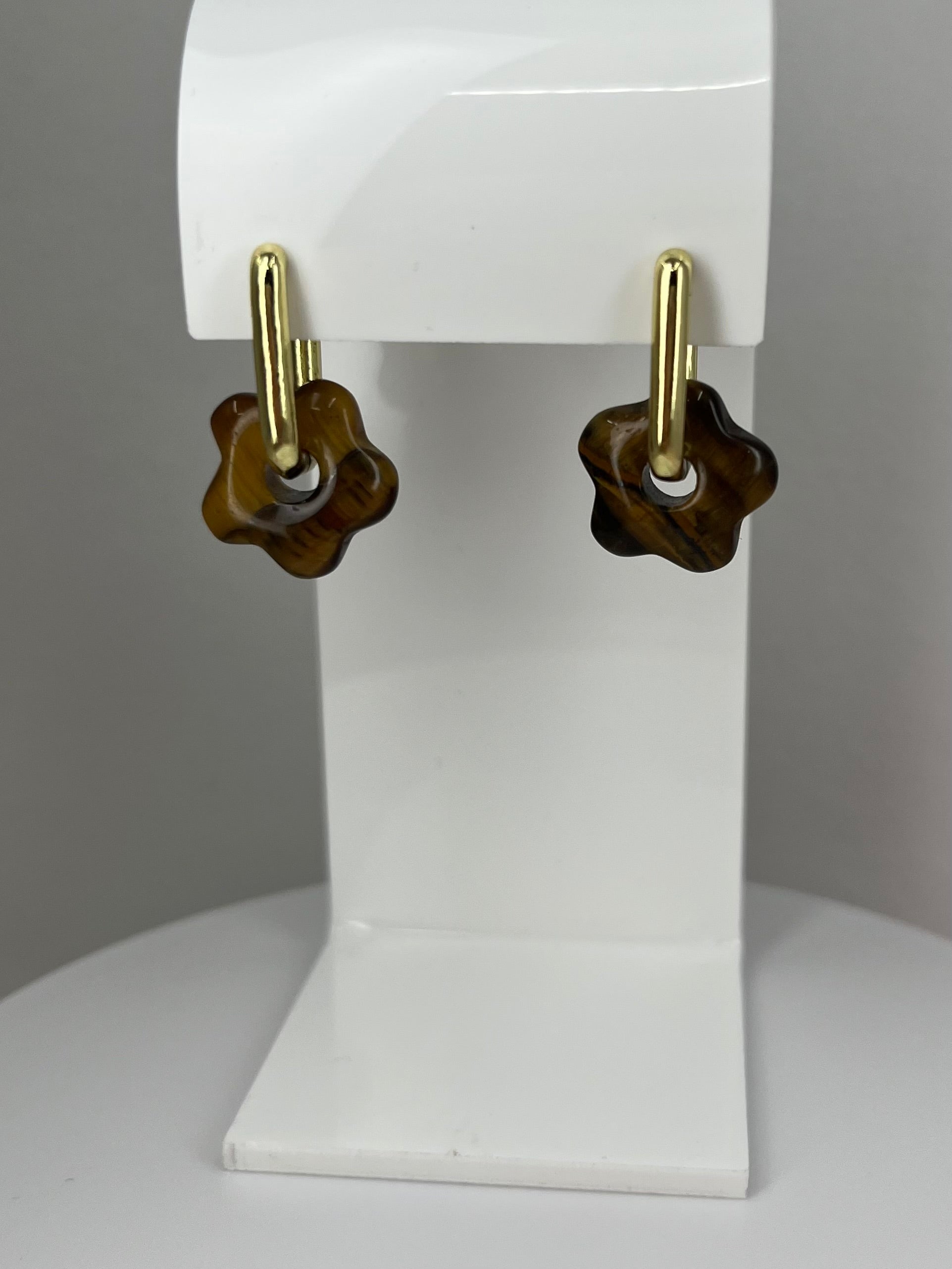 Tiger eye flower Earrings,18K Gold Plated