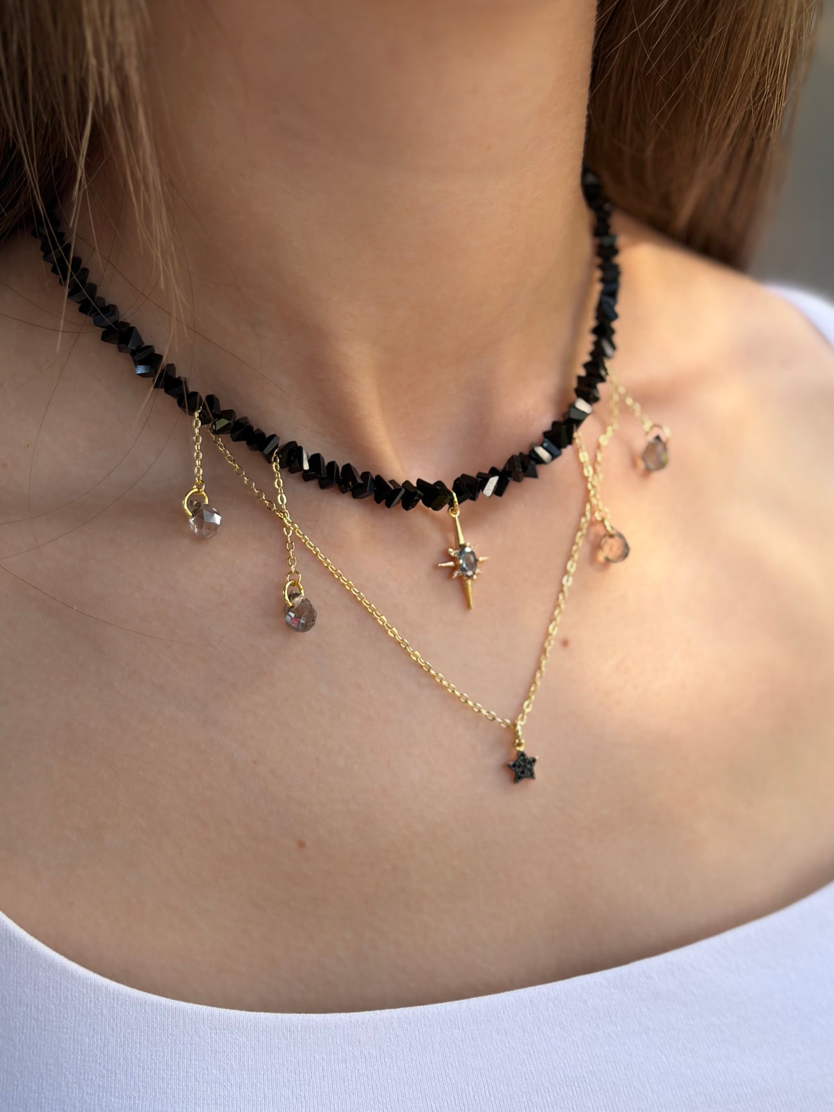 Black Crystal Star Necklace, 18K Gold Plated