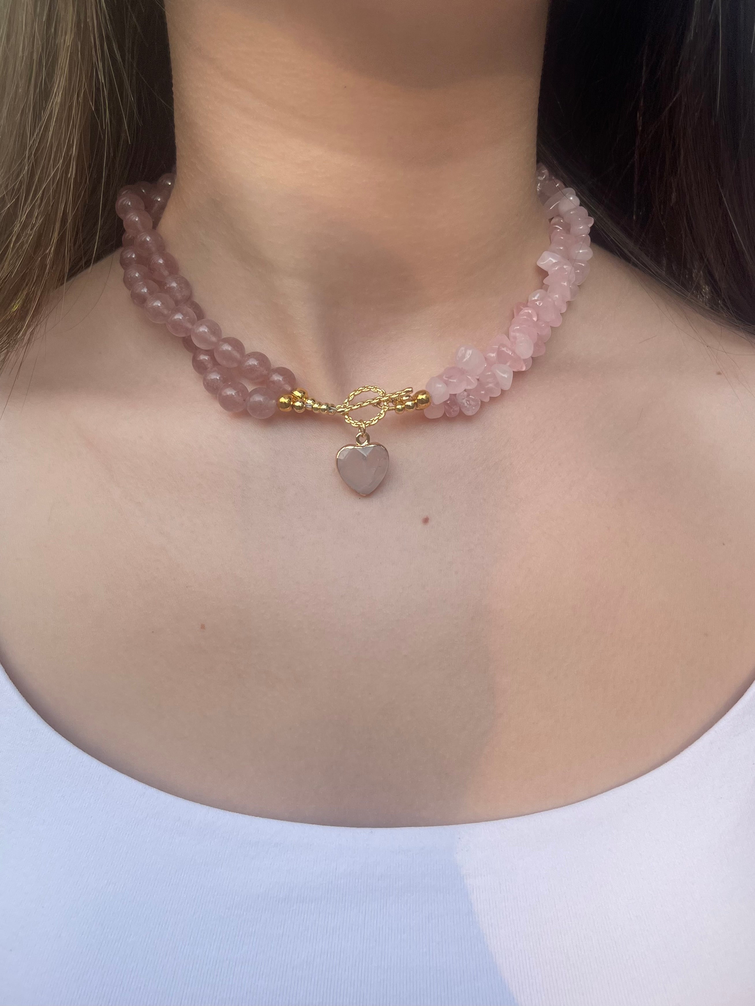 Asymmetrical Layered Strawberry Quartz Necklace with heart pendant: 18K Gold Plated Pendant
