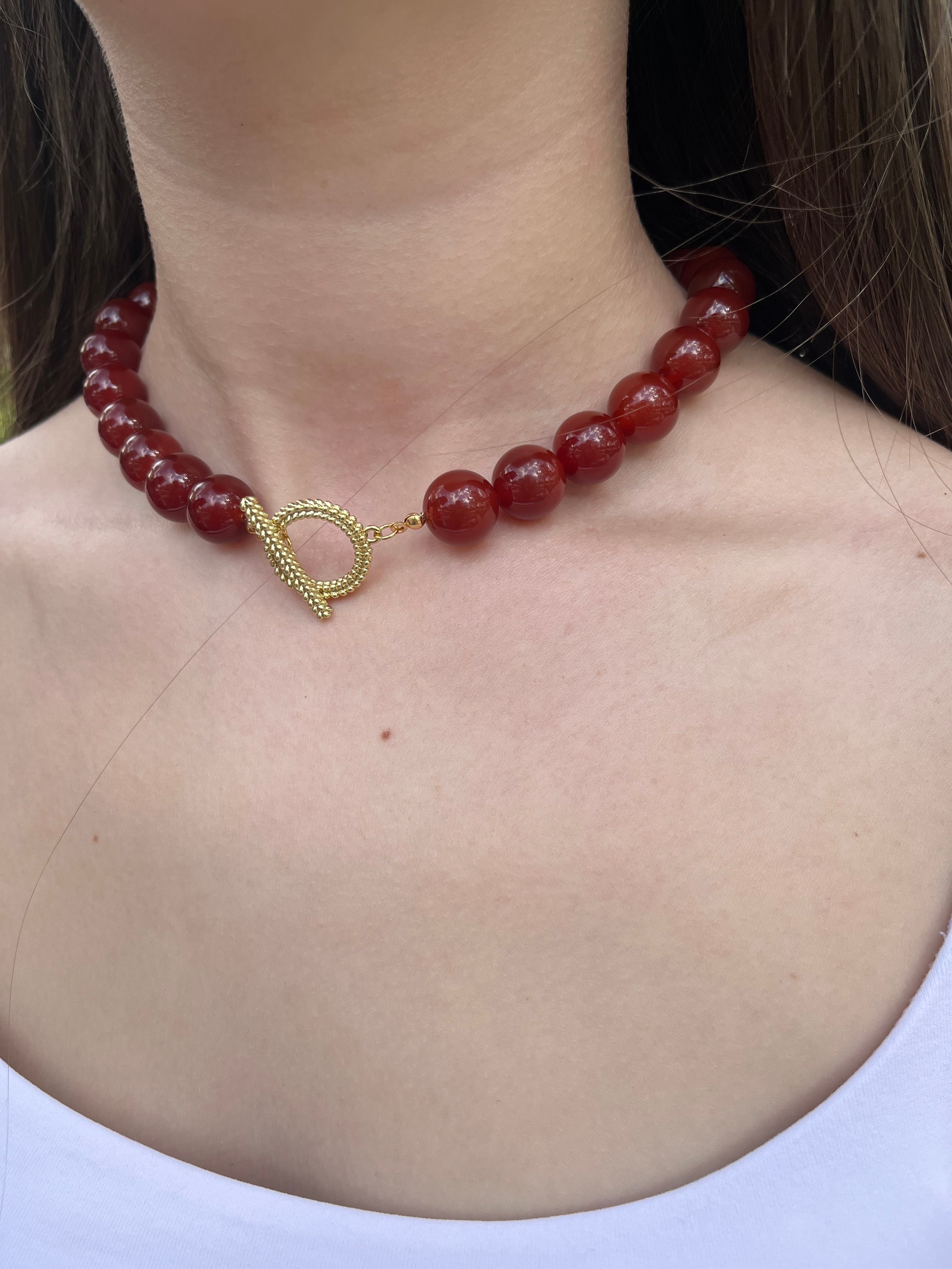 Natural Carnelian Necklace, 18K Gold Plated Clasp