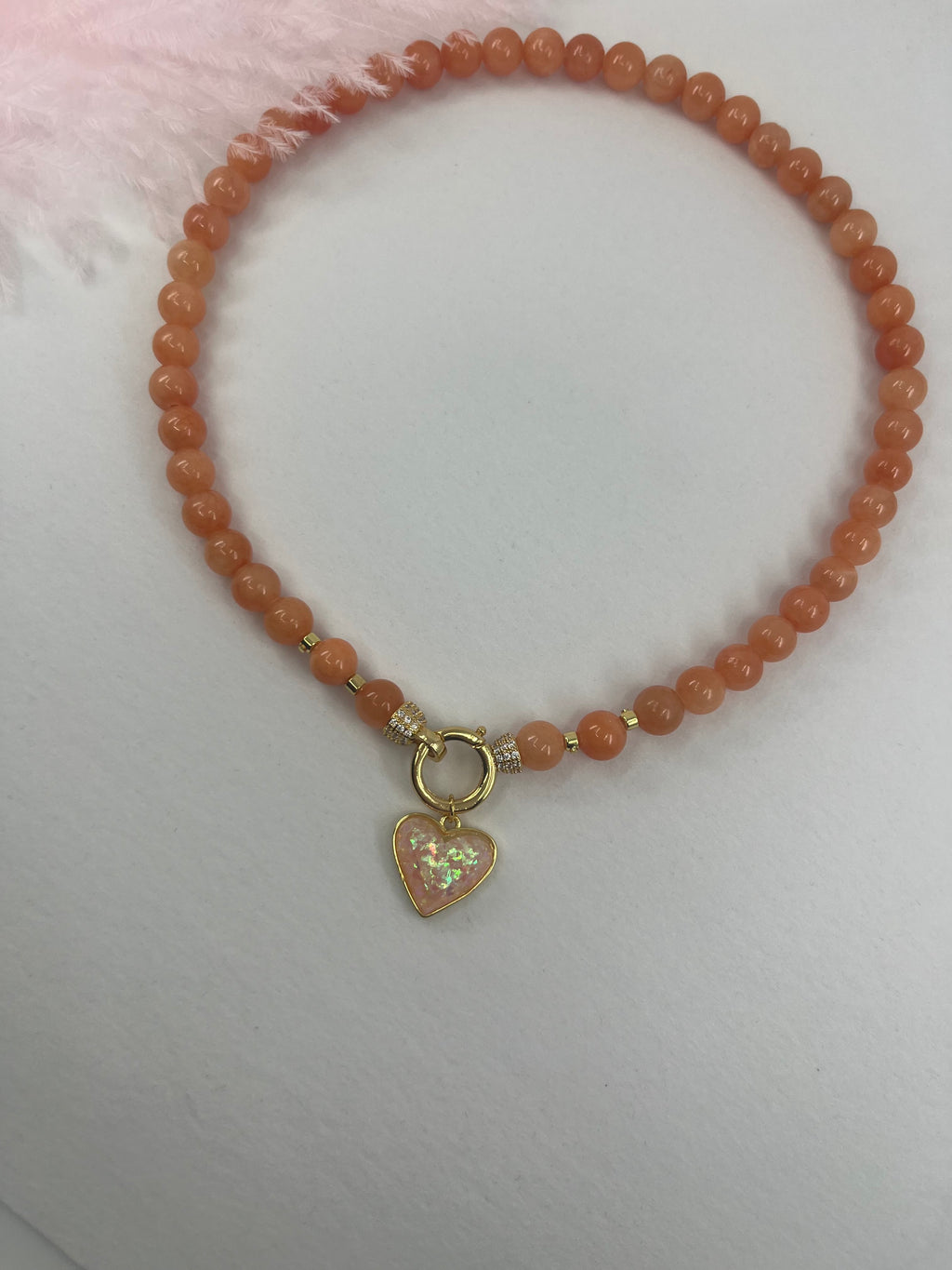 Natural Coral Jade Necklace with Heart Pendant