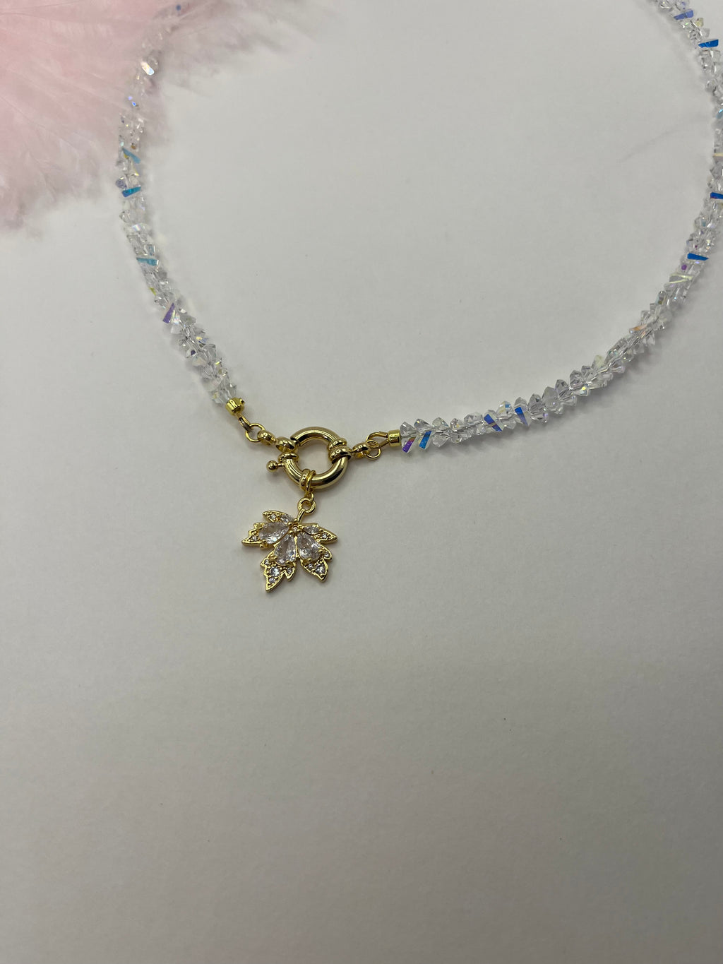 Crystal Glass Bead Choker: 18K Gold Pendant Maple Leaf