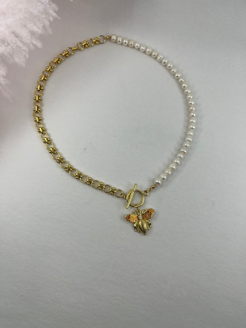 Asymmetrical Pearl Necklace with Bee Pendant, 18K Gold Plated Chain