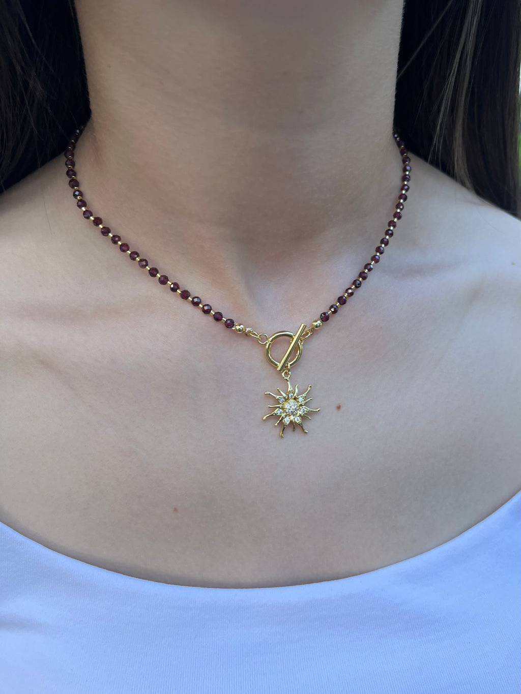 Garnet Sun necklace , 18K gold clasp