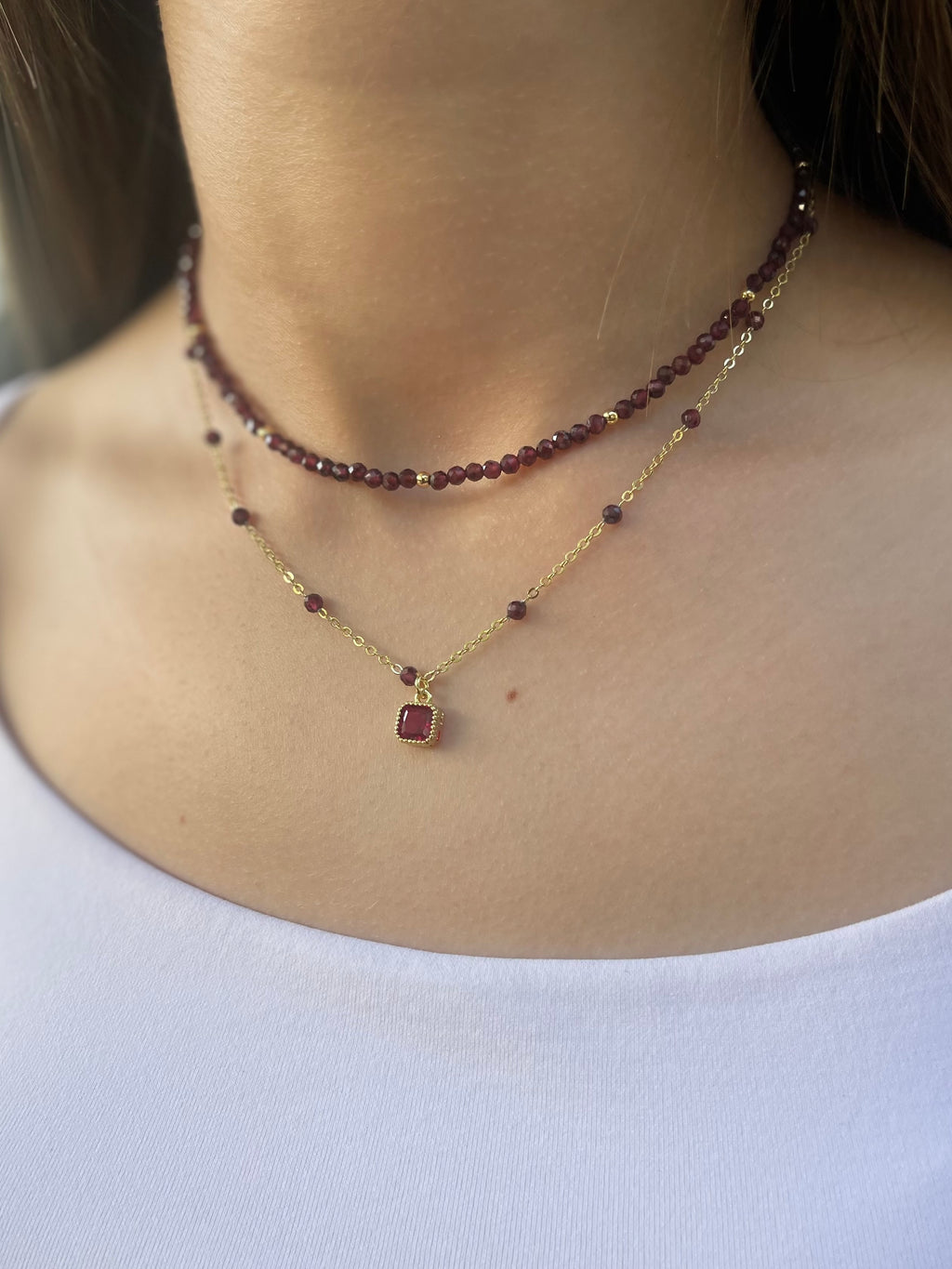 Layered Garnet necklace , 18K gold clasp