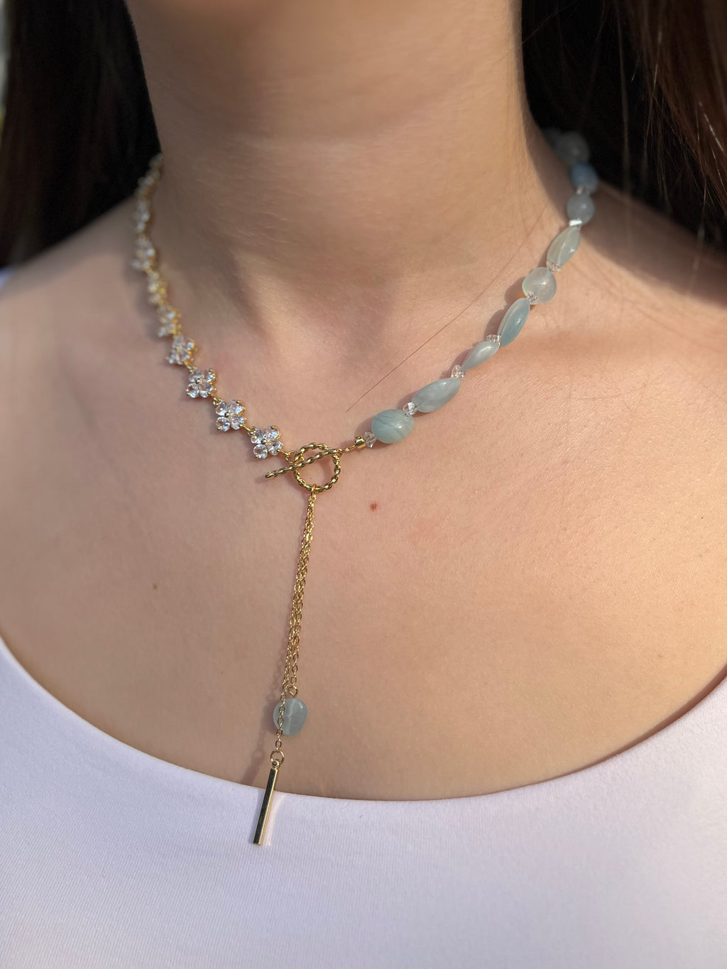Asymmetrical Aquamarine Y-Necklace, zirconia chain, Bar pendant