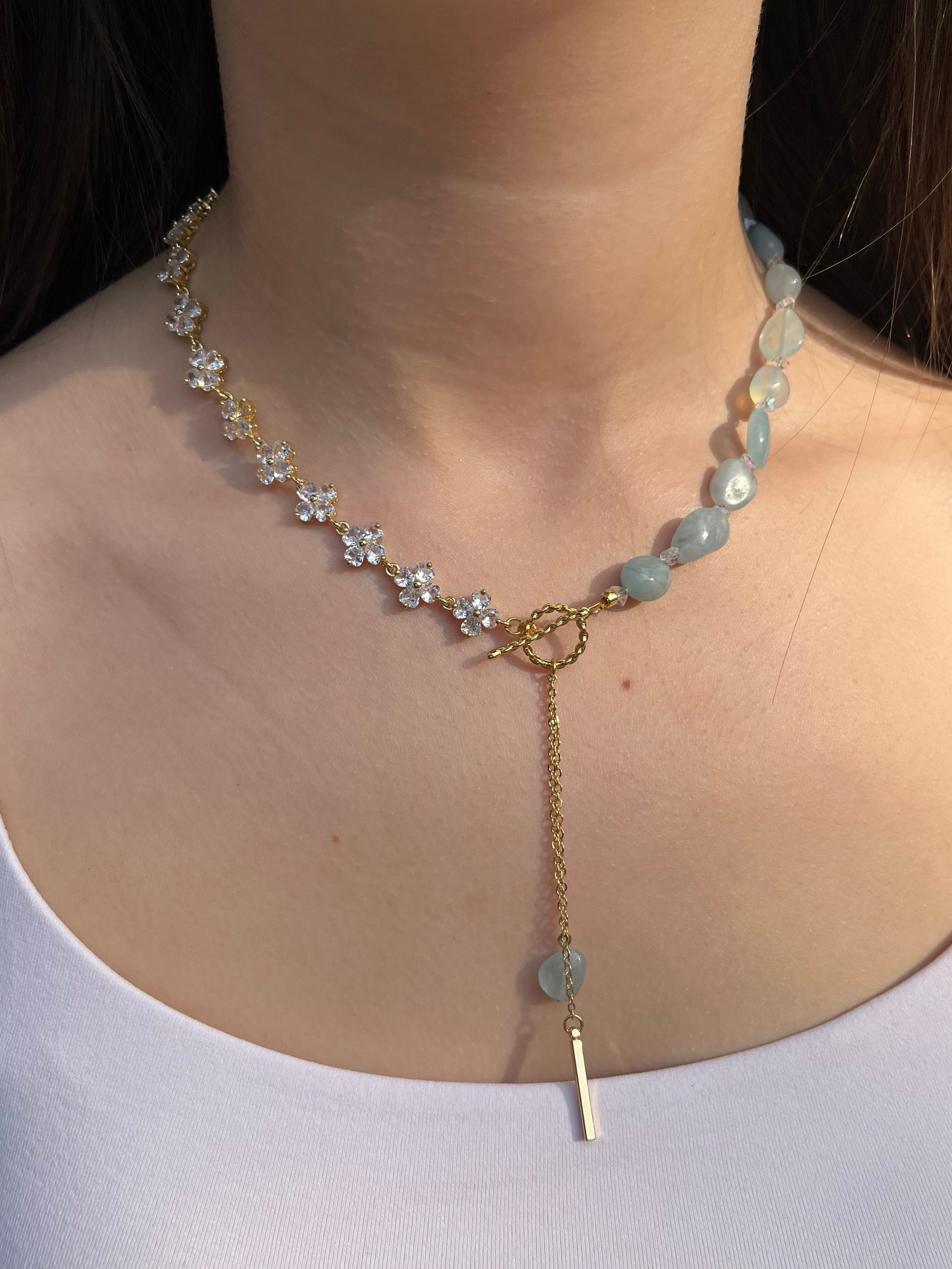 Asymmetrical Aquamarine Y-Necklace, zirconia chain, Bar pendant