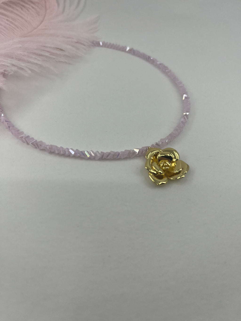 Crystal Pink Glass Bead Choker: 18K Gold Rose Pendant