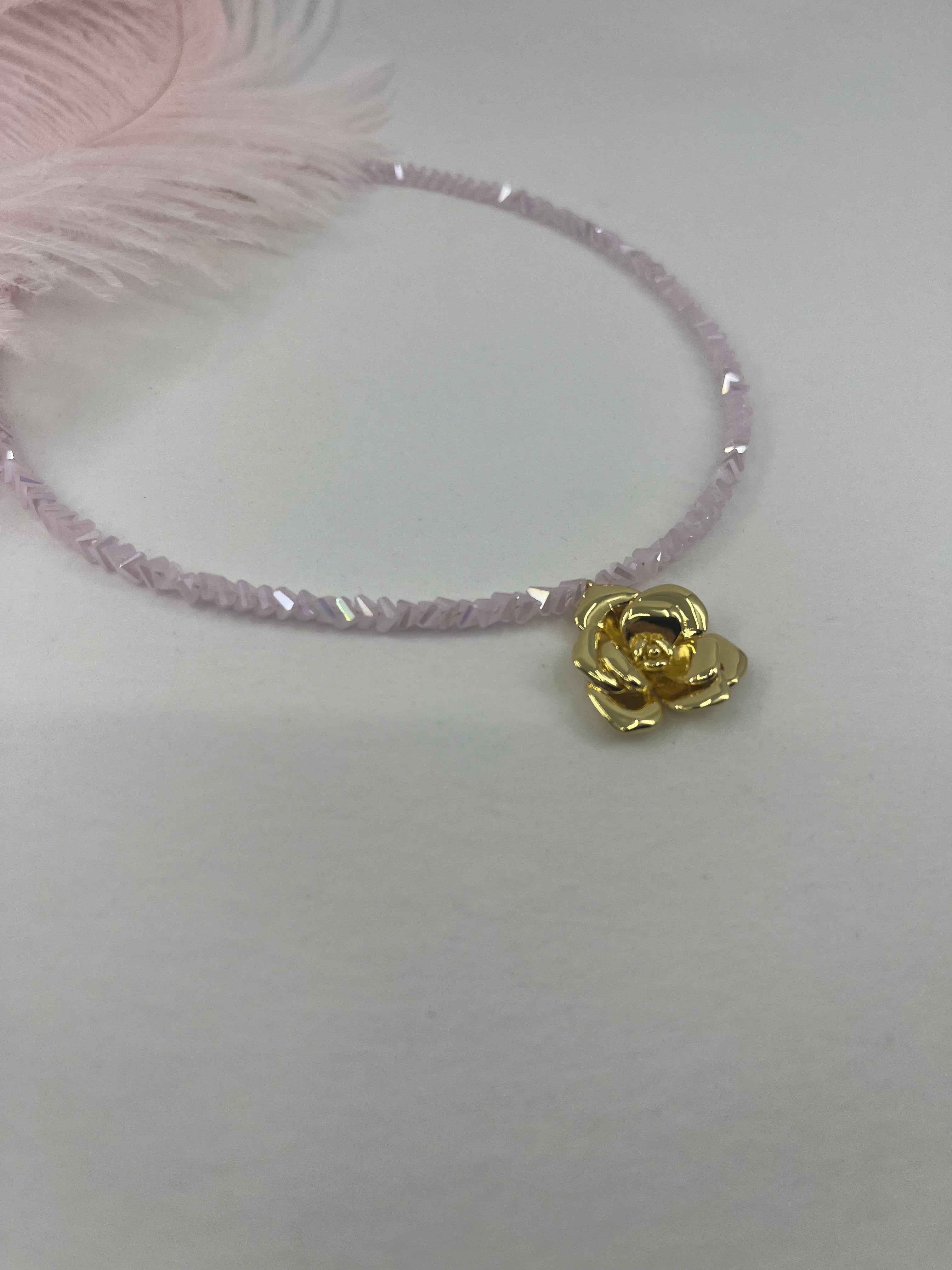 Crystal Pink Glass Bead Choker: 18K Gold Rose Pendant