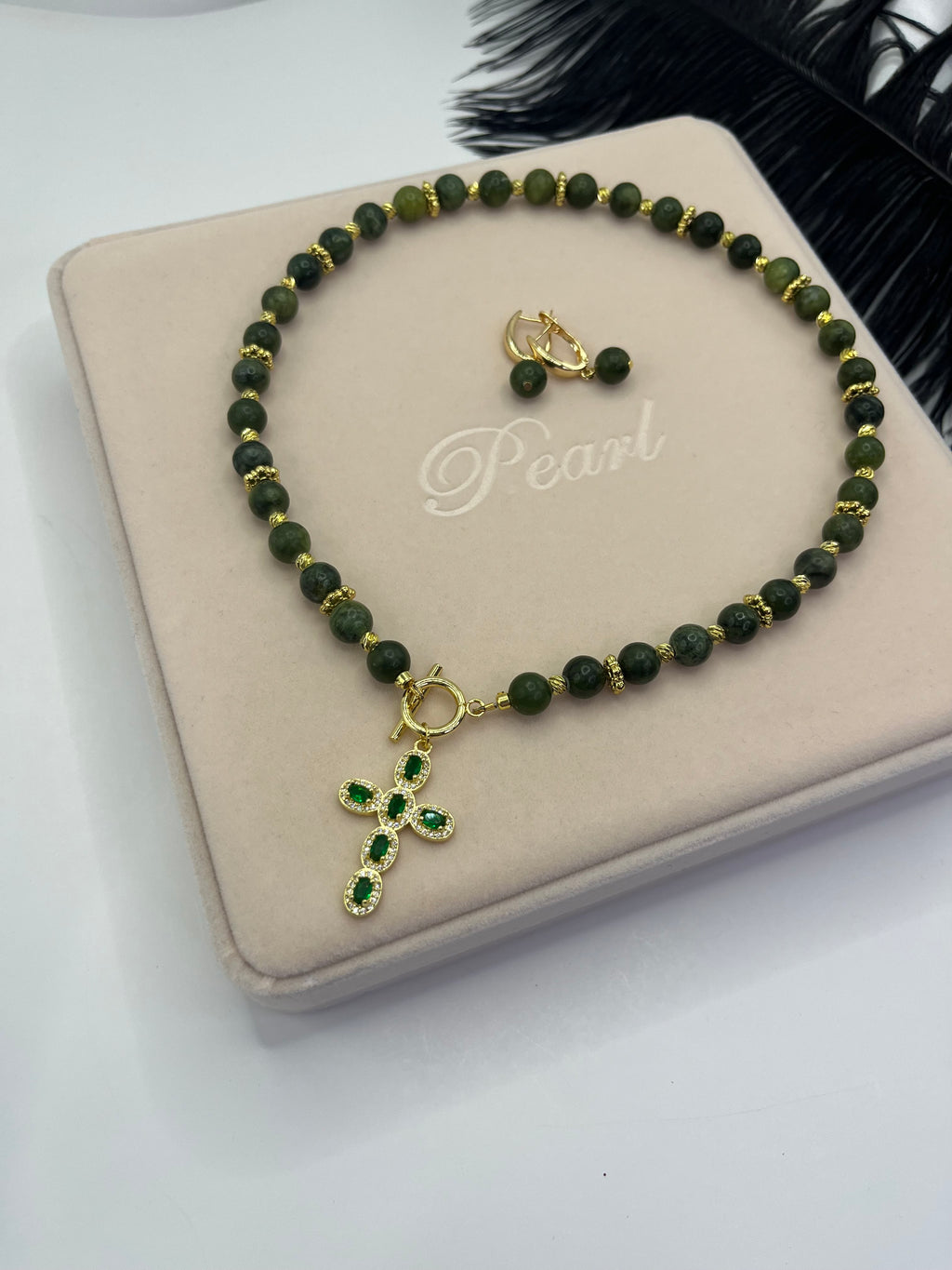 Set: Natural Taiwan Jade Necklace with Zirconia Cross 18K Gold plated