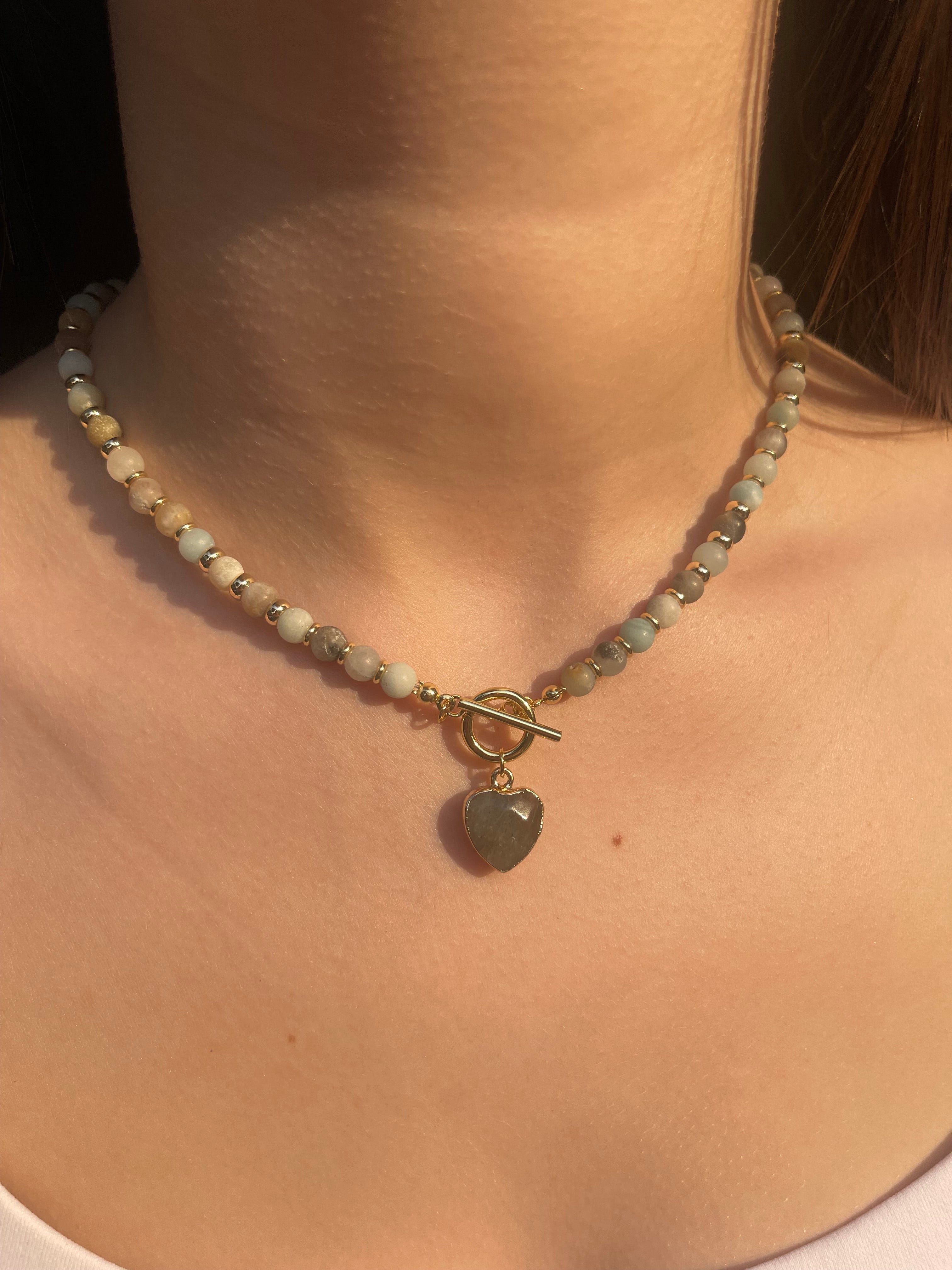 Natural Amazonite Heart Necklace, 18k gold plated clasp