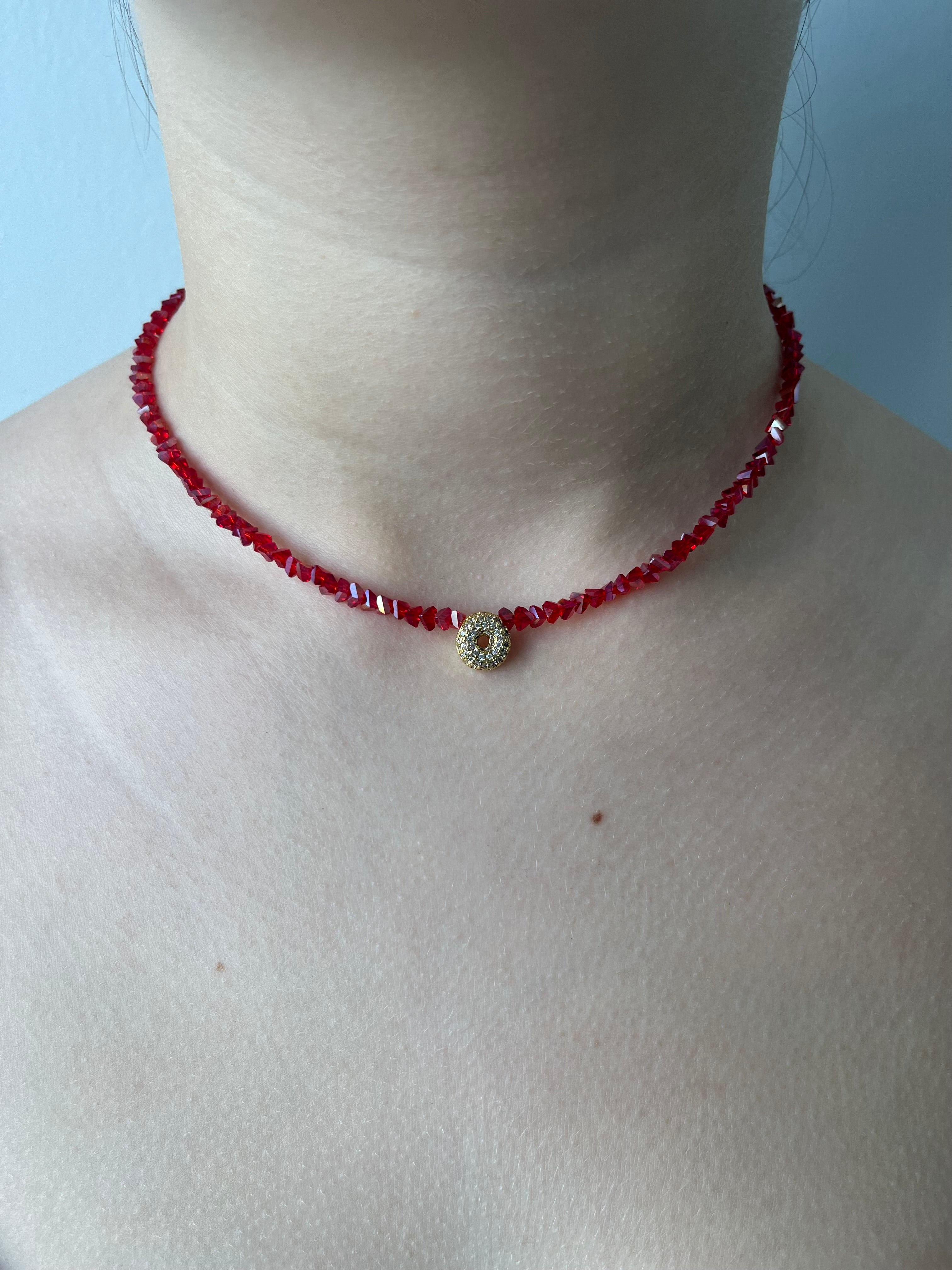 Initial Charm Red Crystal Necklace – 18K Gold Plated, Cubic Zirconia