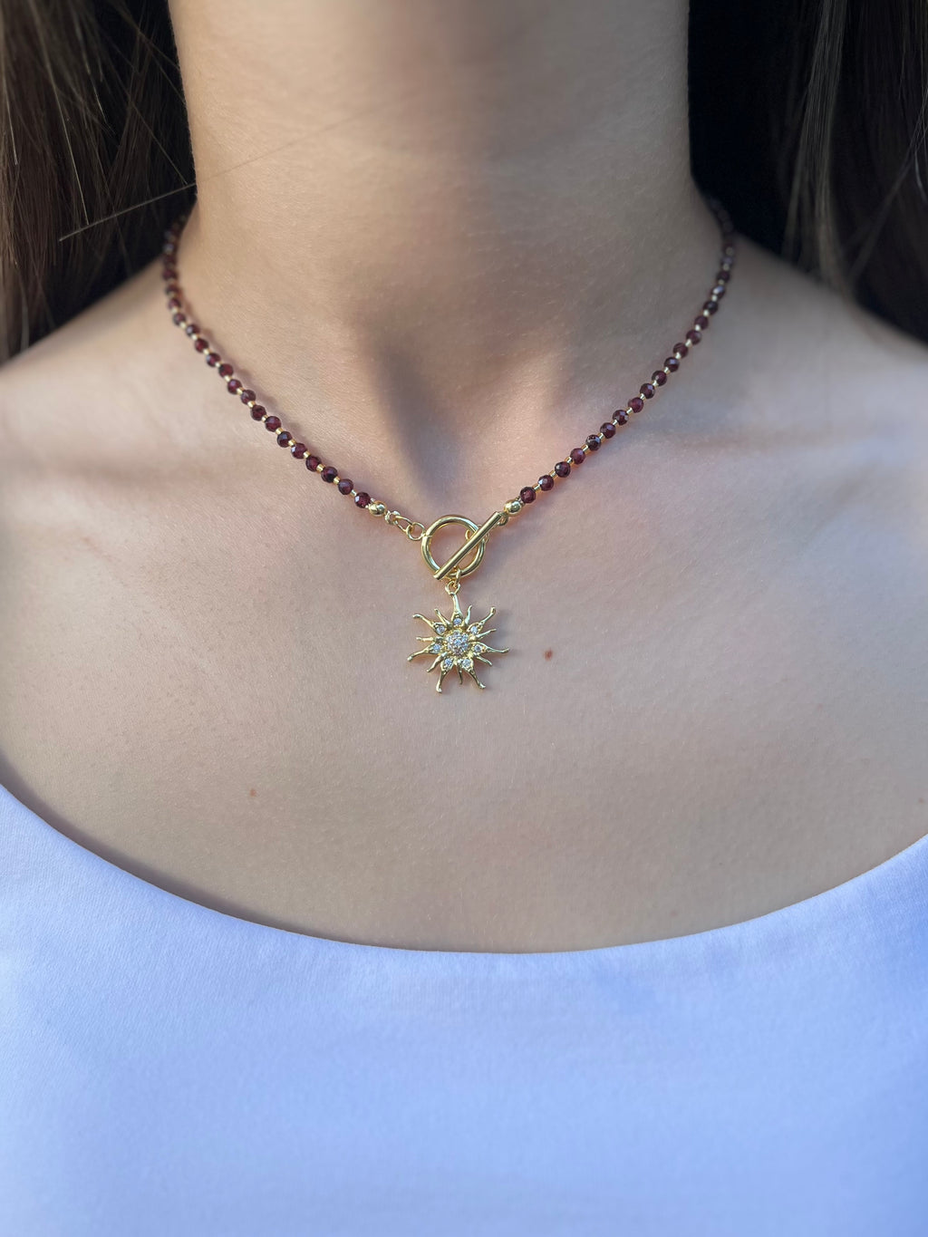 Garnet Sun necklace , 18K gold clasp