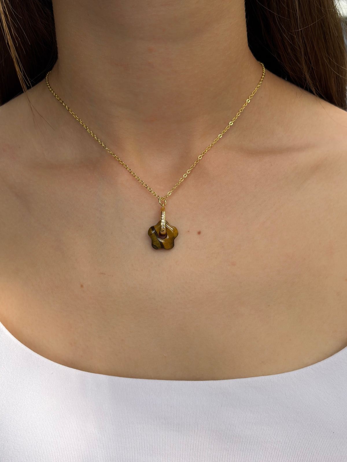 Tiger eye flower Earrings and Necklace,18K Gold Plated