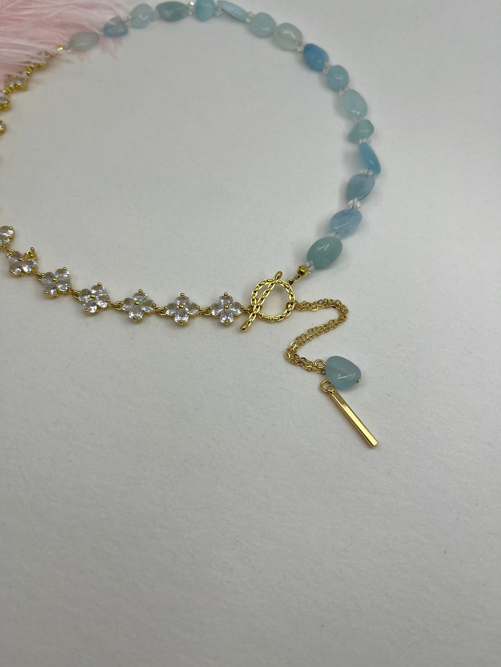Asymmetrical Aquamarine Y-Necklace, zirconia chain, Bar pendant