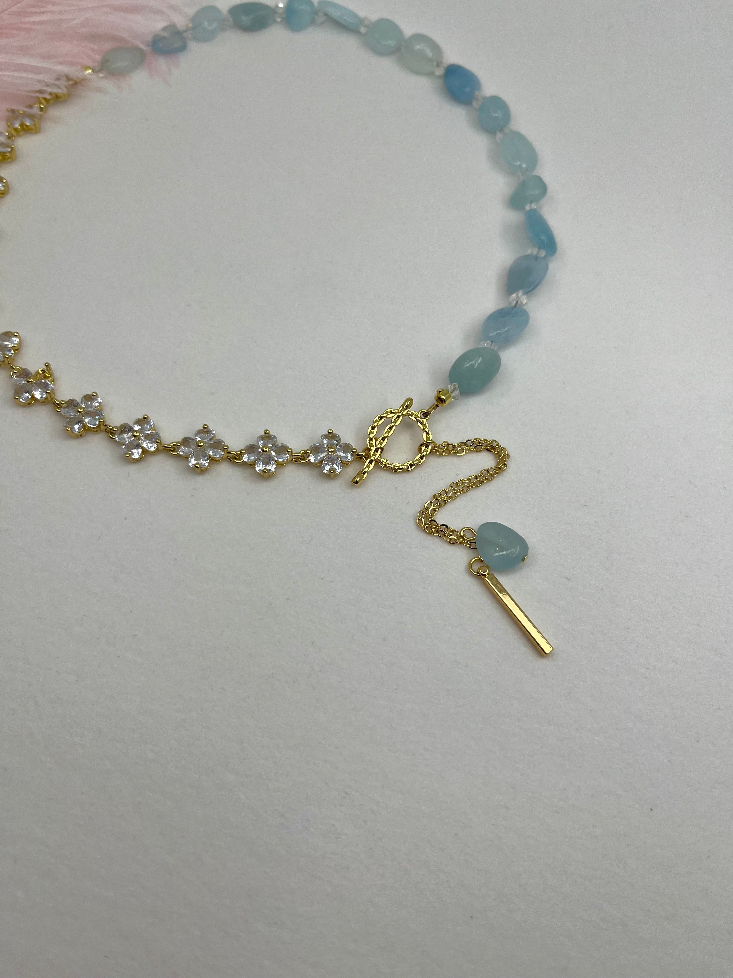 Asymmetrical Aquamarine Y-Necklace, zirconia chain, Bar pendant