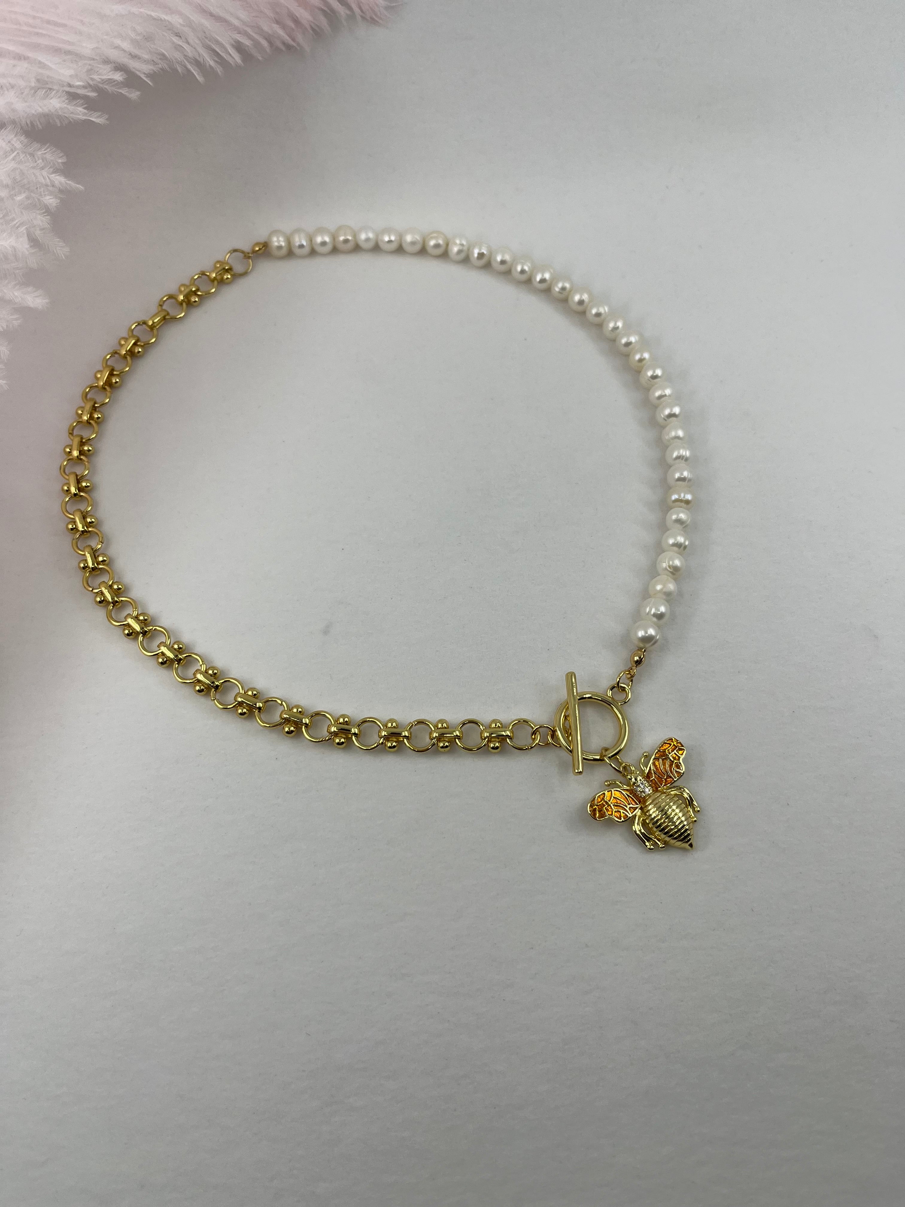 Asymmetrical Pearl Necklace with Bee Pendant, 18K Gold Plated Chain