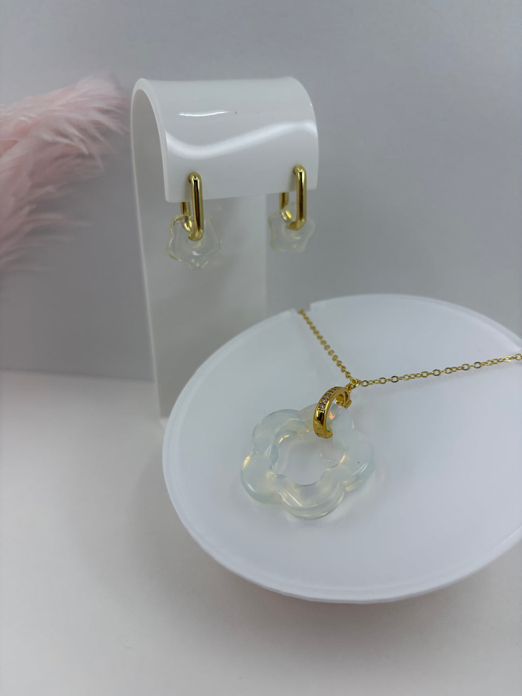 Opalite Flower Earrings and necklace,18K Gold Plated